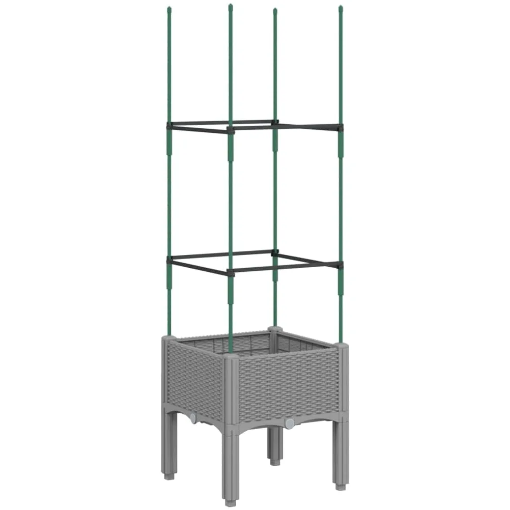 Macetero con enrejado, gris claro, 40 x 40 x 142,5 cm, plástico PP, maceta elevada para plantas trepadoras, jardín y terraza, aspecto de ratán, resistente y resistente a los golpes