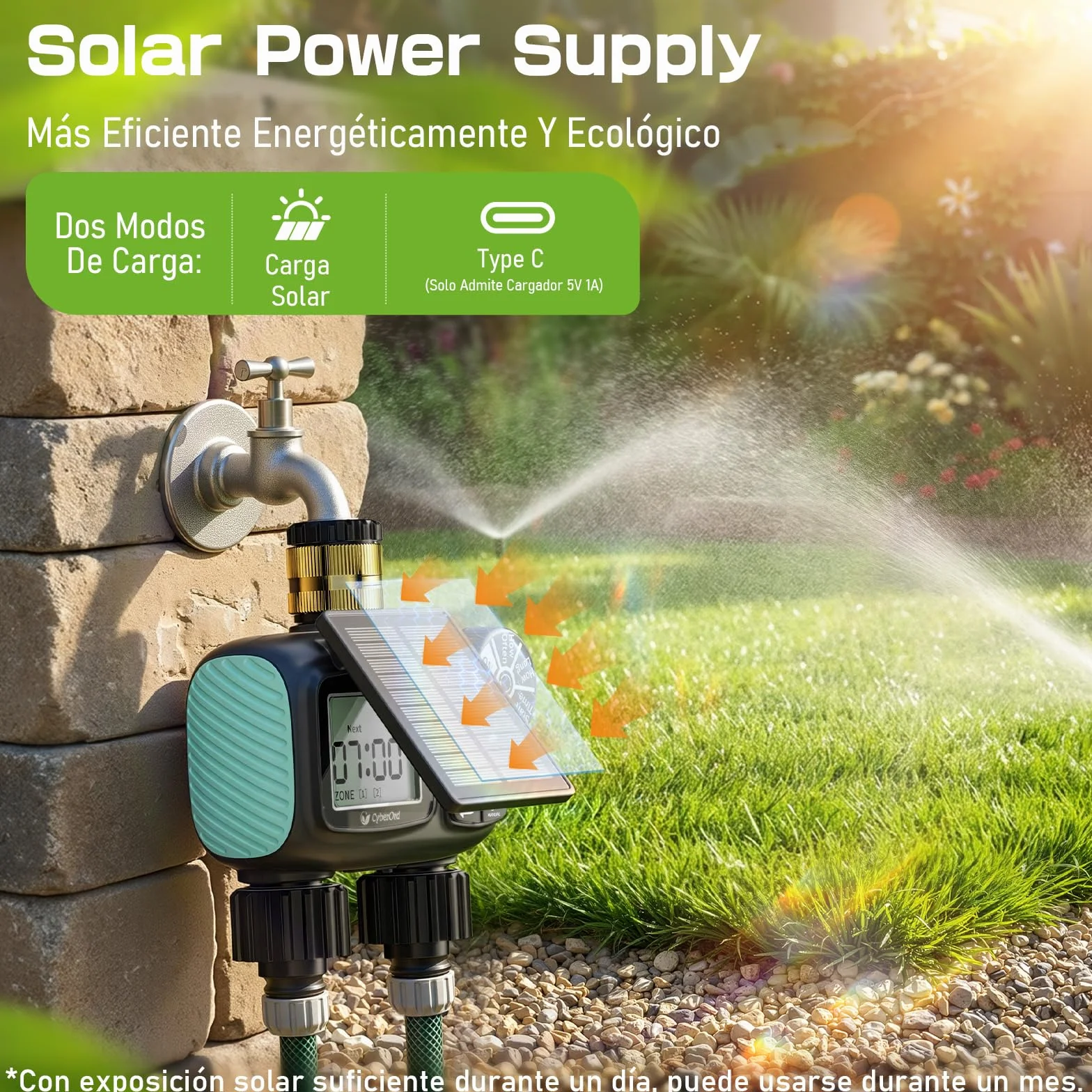 Programador de Riego Solar CyberOrd de 2 Zonas, Temporizador de Riego con Carga Solar, Sistema de Riego Automático con Modos Automático/Manual/Retraso por Lluvia para Césped/Ppatio/Jardín