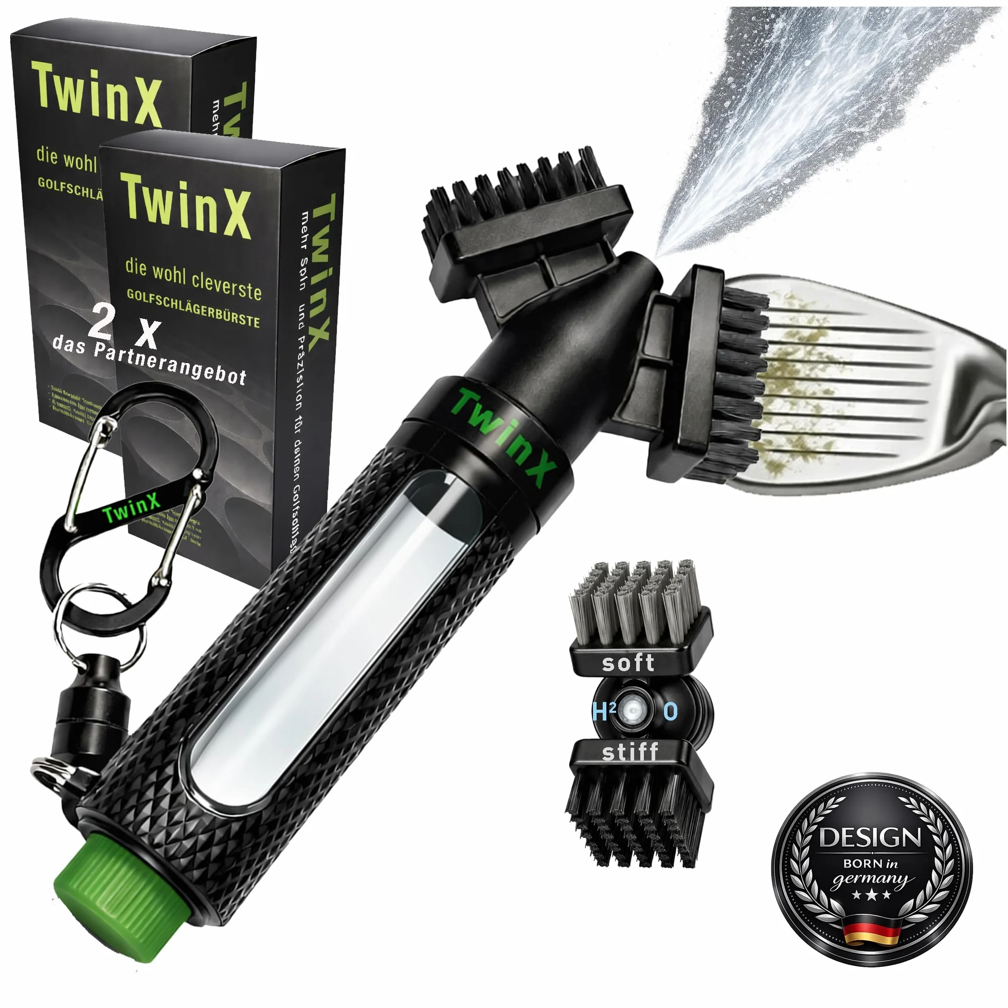 TwinX Cepillo de golf con depósito de agua y pulverización, cerdas duales, limpieza de palos CaddieMag