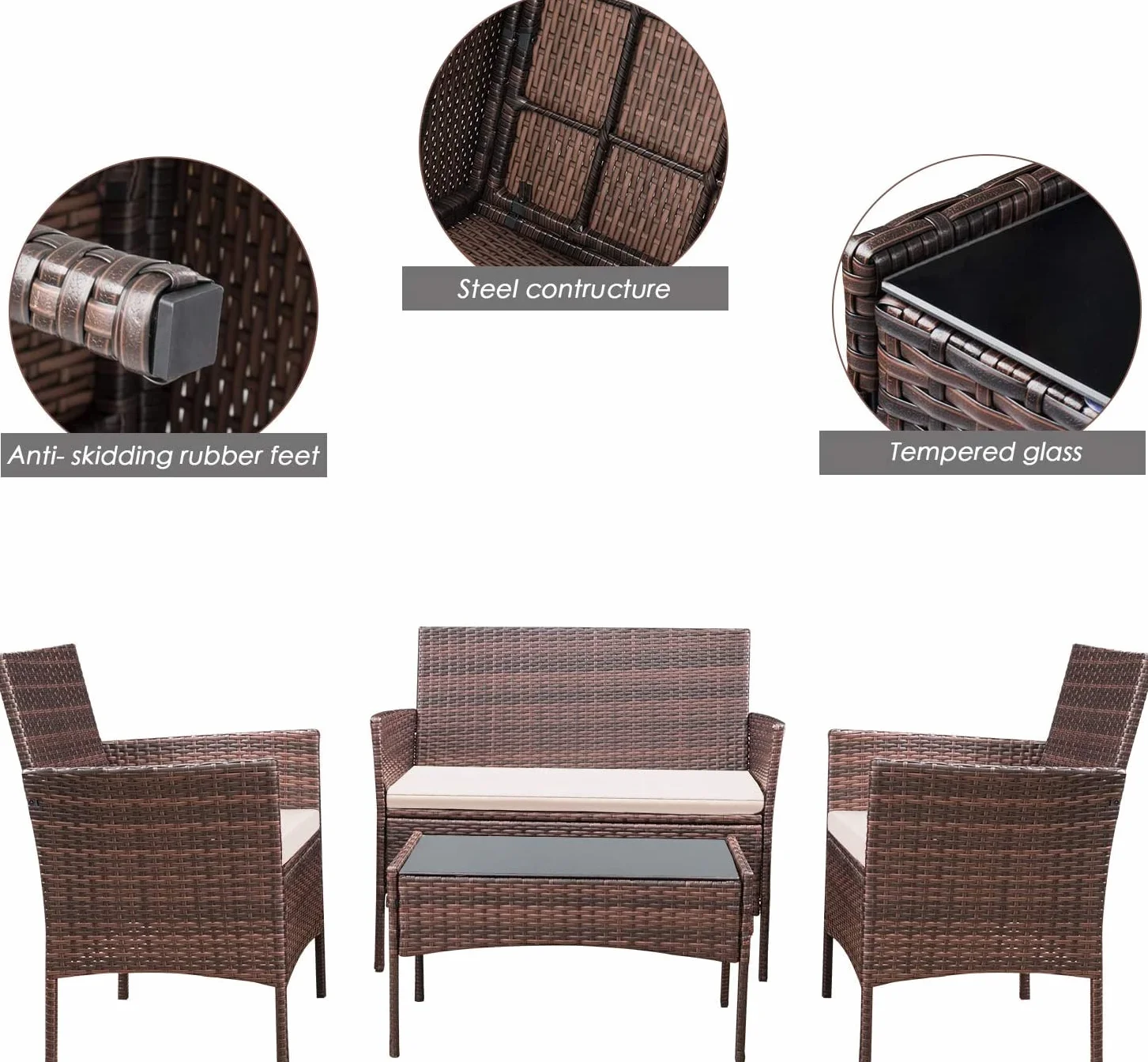 Conjunto Jardin Exterior Muebles Terraza Exterio de Ratán Marrón 4 Piezas Set,2 Sillones,1 Sofá de Doble Asiento y 1 Mesa para 4 Personas para Patio Terraza Exterior
