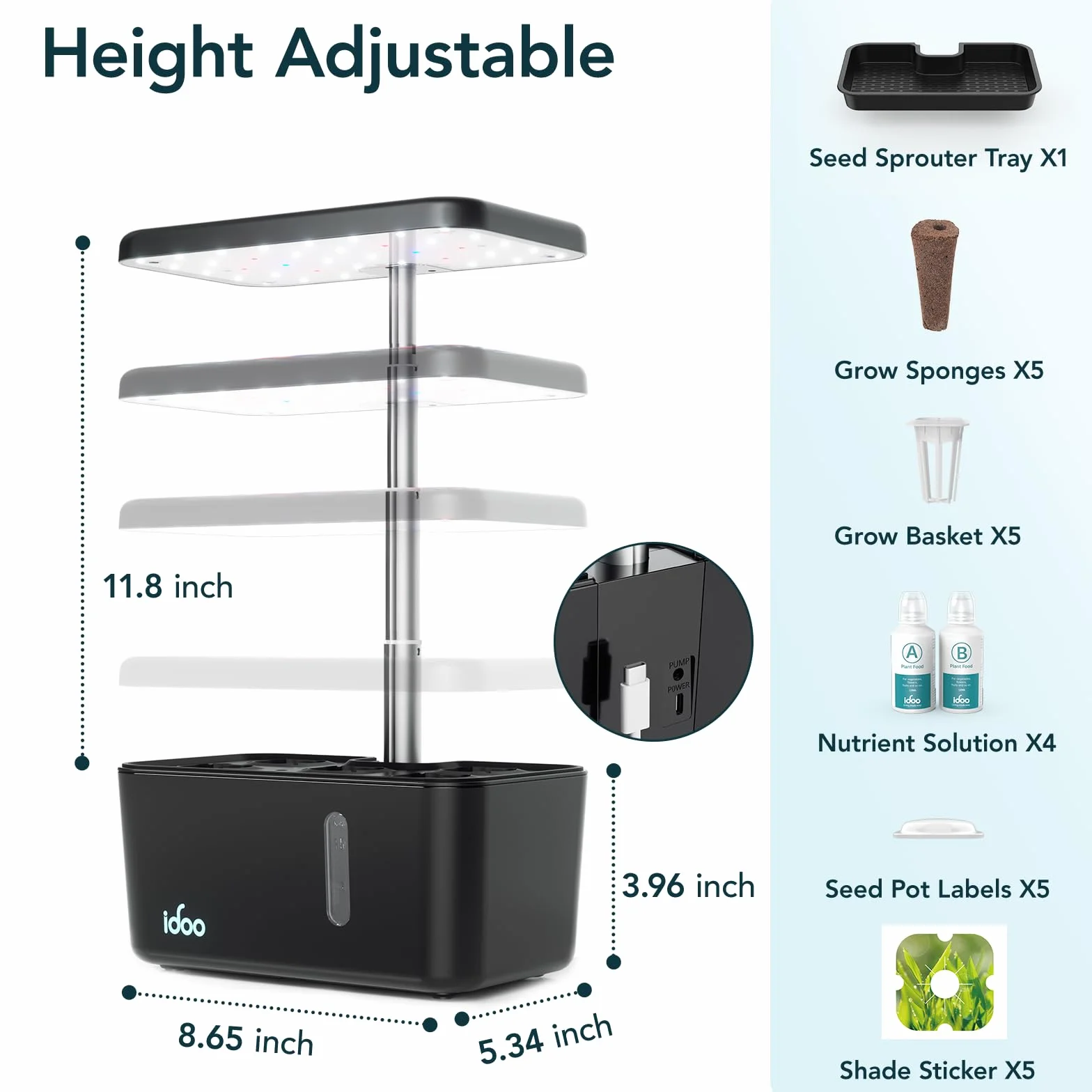 iDOO Sistema de Hidroponia, Interior Cultivo Hidroponico Kit con Iluminación LED Automática, Hidroponia Kit Completo, Huerto Interior con Temporizador Automático, Altura Ajustable, 5 Vainas