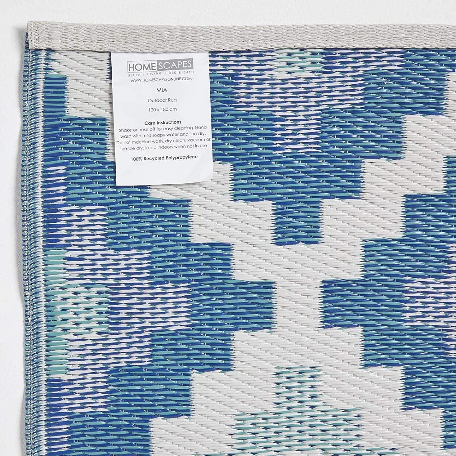 HOMESCAPES Alfombra de exterior azul para jardín o patio, 100% plástico reciclado, 180 x 270 cm, ligera, impermeable, geométrica, diseño azteca "Mia" alfombra tejida para el suelo interior y exterior