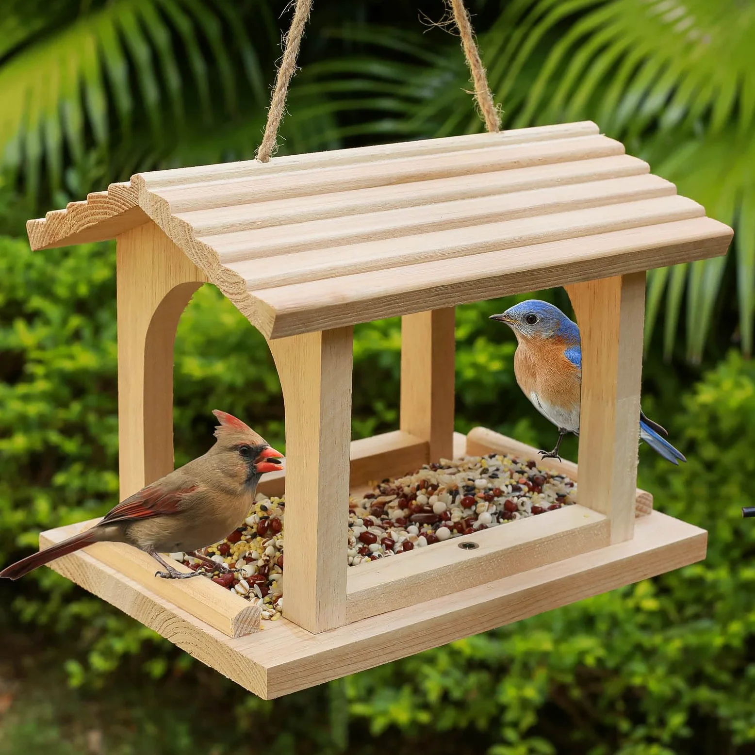 Comedero para pájaros de madera al aire libre, comedero colgante para pájaros, decoración de jardín al aire libre, para pinzones, cardenales, gallinas y gorriones, observación de aves