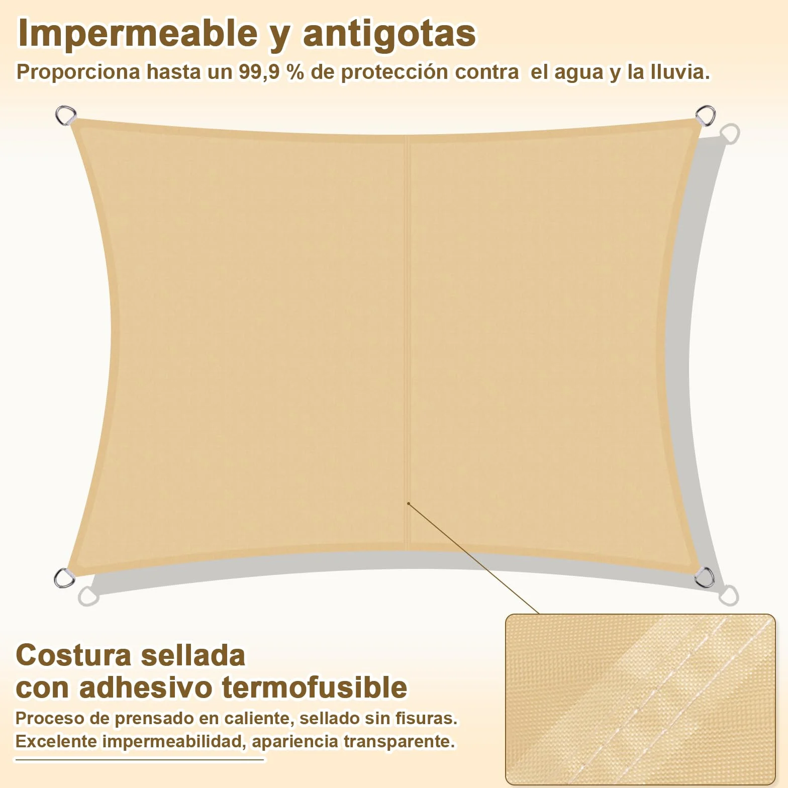 HENG FENG Toldo Vela de Sombra Rectangular 3x4m, PES 160 g/m² Impermeable, 95% Bloqueo UV, para Exterior en Terraza, Jardín, Patio - Incluye Cuerda de Fijación - Color Arena