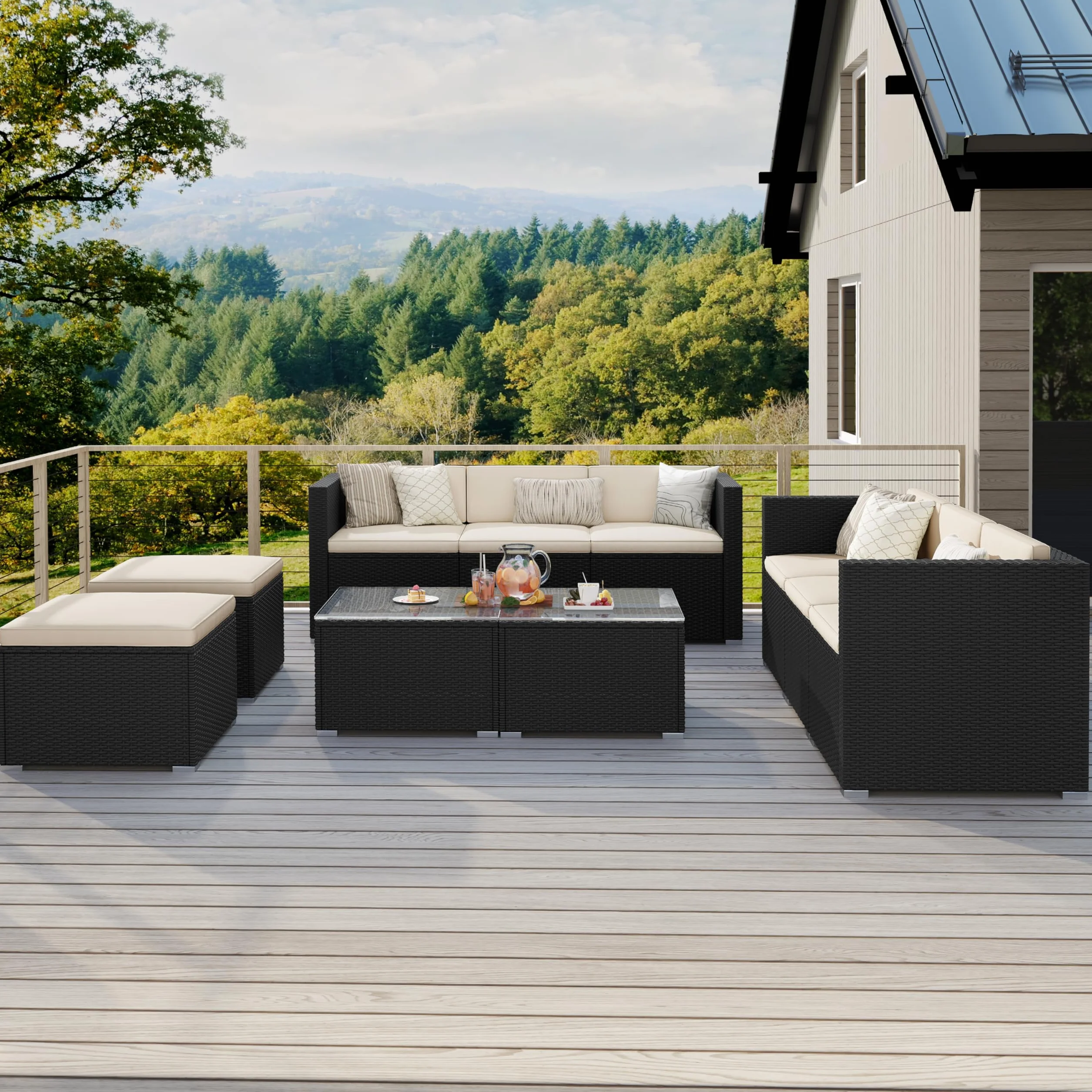 Yaheetech Conjunto de Muebles Ratán de Jardín 5 Piezas con Cojines, 3 Plazas Sofá 1 Taburete y 1 Mesa de Café de Cristal (Negro/Beige)