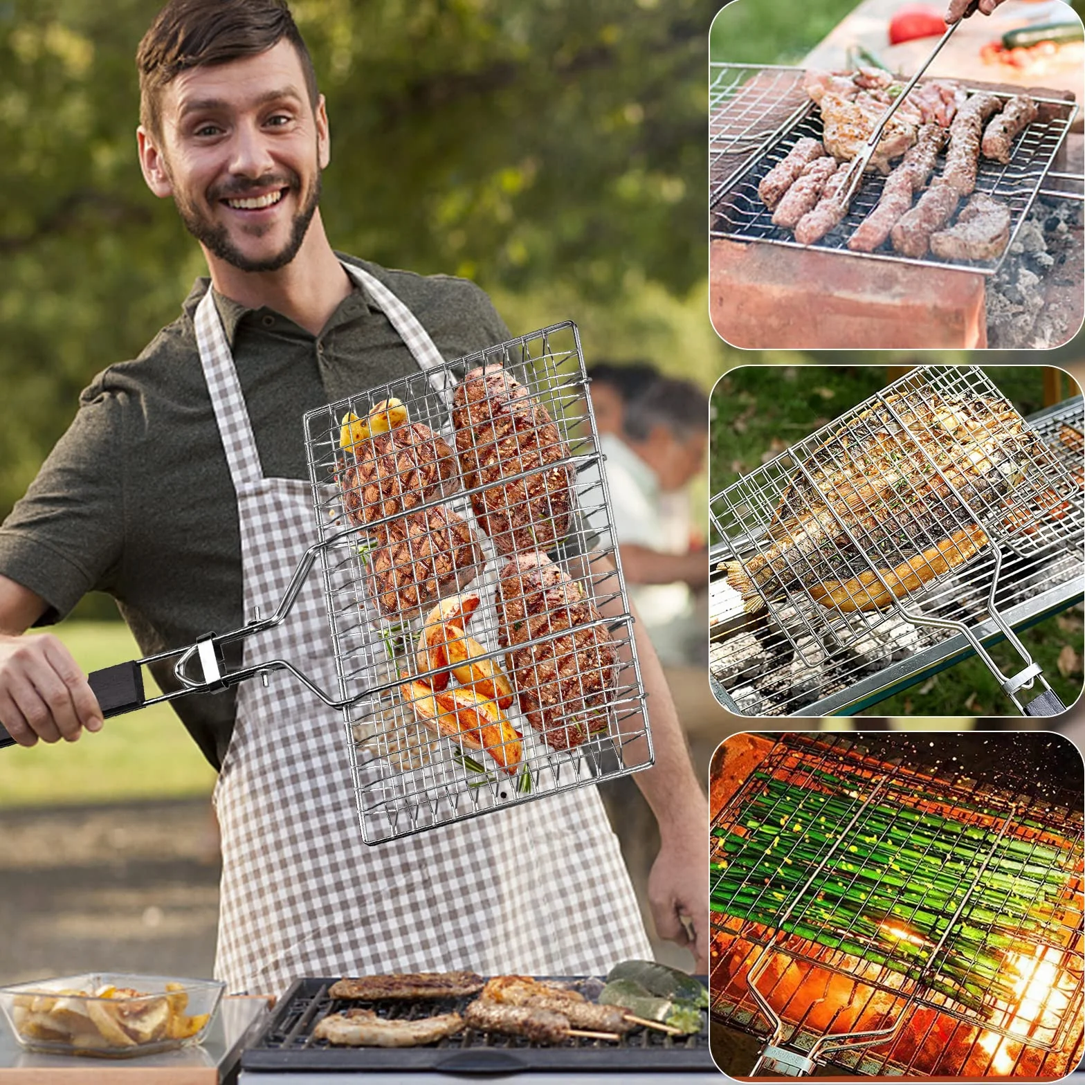Cesta para Asar Pescado y Verduras - Bandeja de Barbacoa de Acero Inoxidable, Plegable, Portátil - Con Bolsa Oxford y 2 Cepillos de Silicona