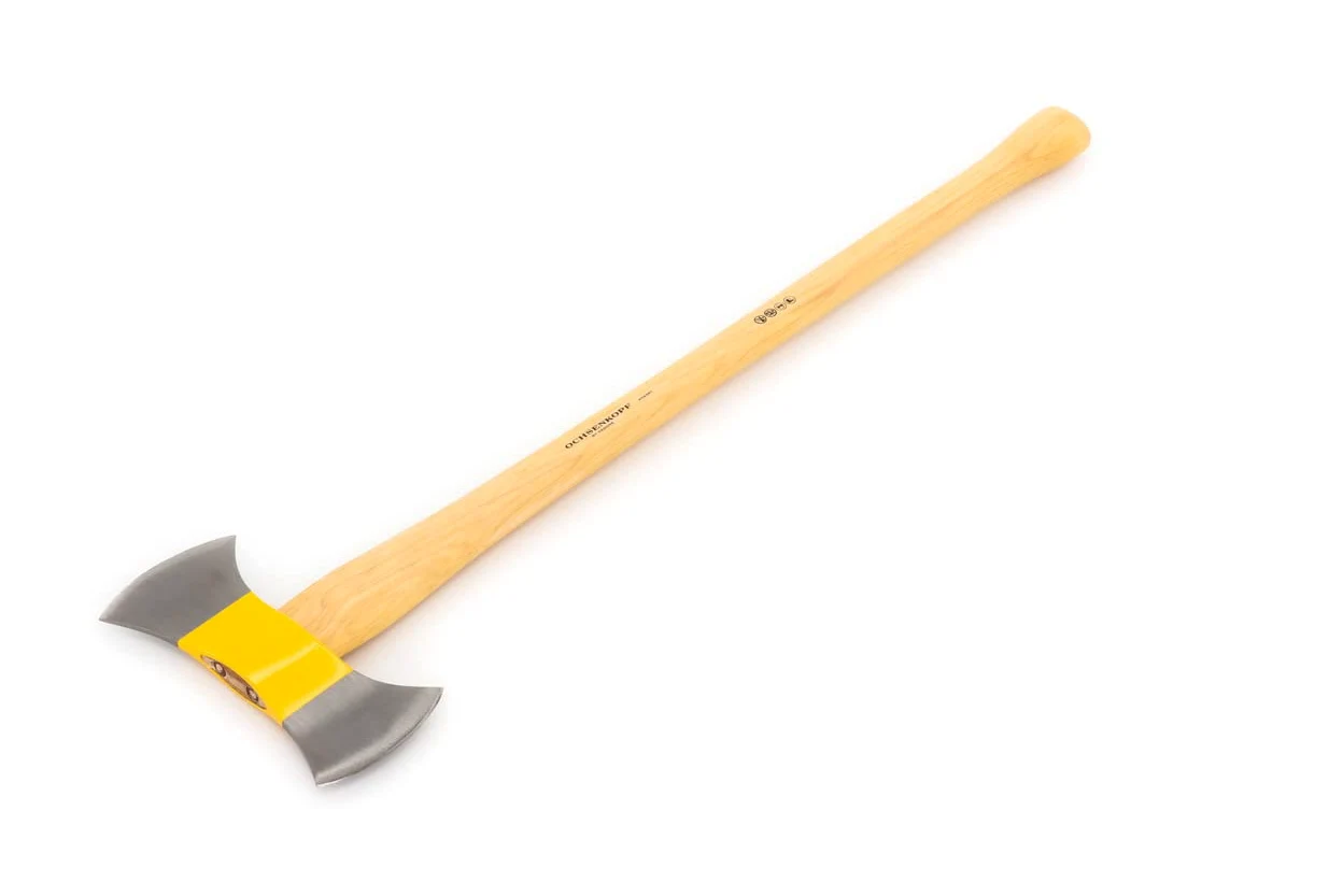 OCHSENKOPF Hacha doble ILTIS®, Empuñadura de madera de pacana, Hoja pulida de 135 mm, Longitud 900 mm, Con forma de pomo, OX 16 H-1008