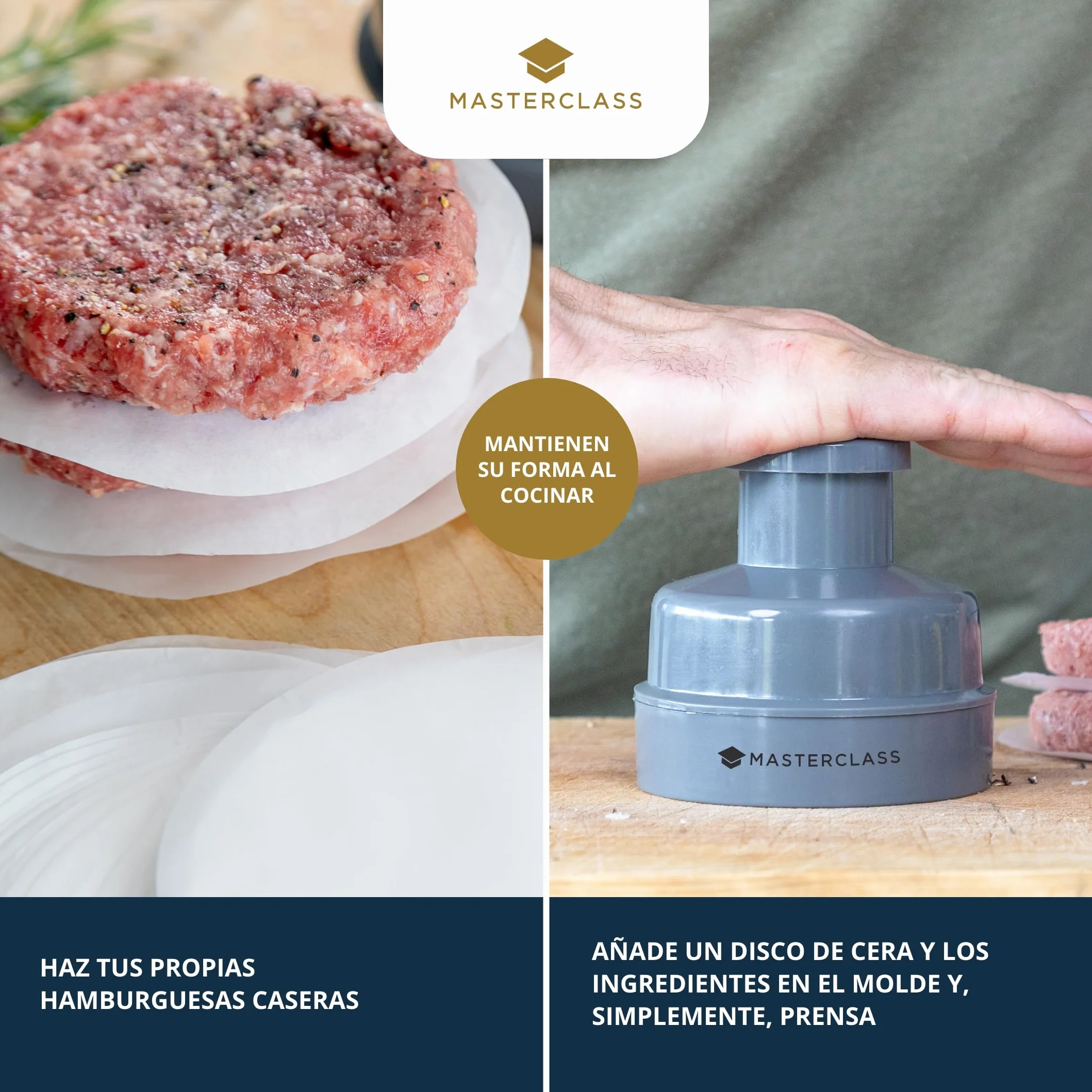 MasterClass Burger Maker Press, Burger Patty Maker para hamburguesas caseras, kit antiadherente para hamburguesas con molde para hamburguesas, 100 discos de cera y un libro de recetas.