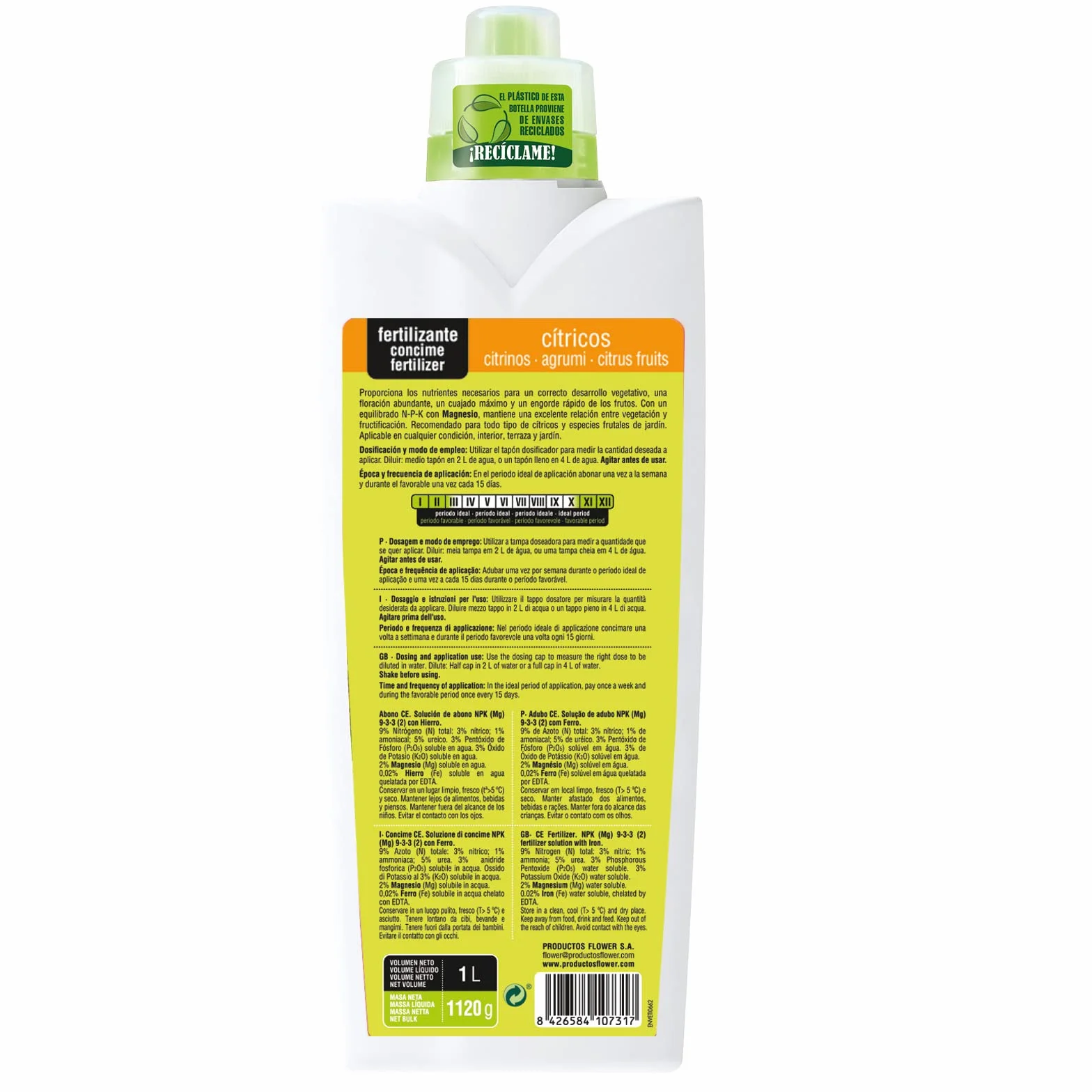 Flower - Fertilizante Líquido Cítricos 1 L | NPK 7-2-2 | Con Nitrógeno y Hierro | Abono Para Árboles Frutales | Con Tapón Dosificador | Revitaliza hojas