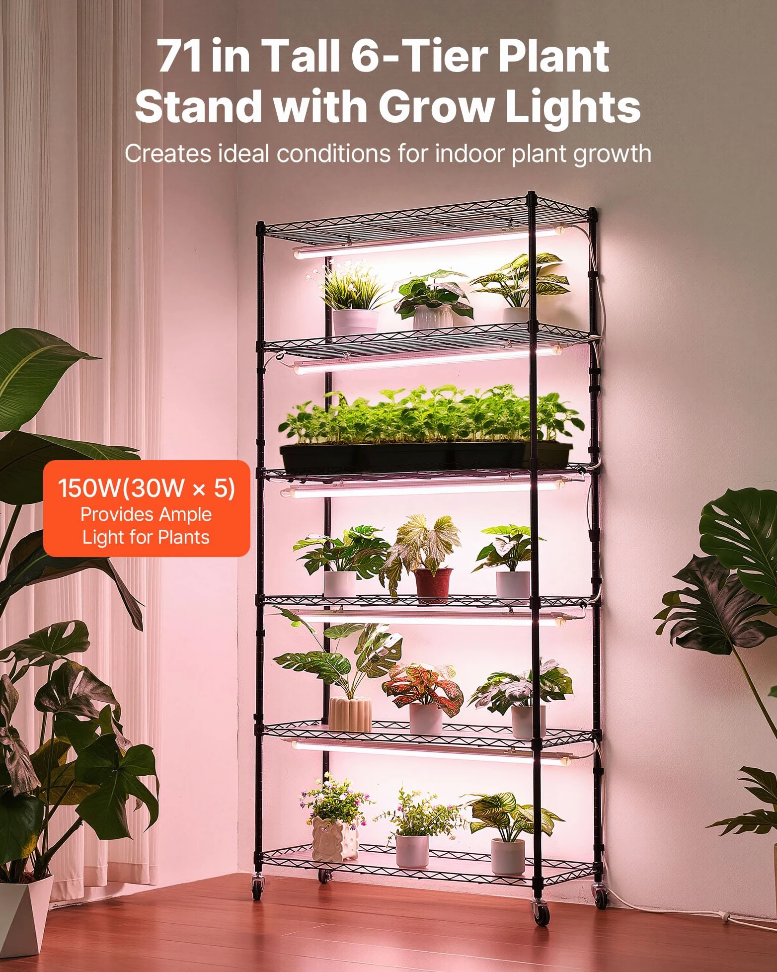 VEVOR Soporte para Plantas con Luz de Cultivo 6 Niveles Alto 180 cm 150 W, Estante para Plantas con Ruedas Giratorias, Temporizador Mecánico, para Crecimiento de Planta, Macetas, 900 x 350 x 1800 mm