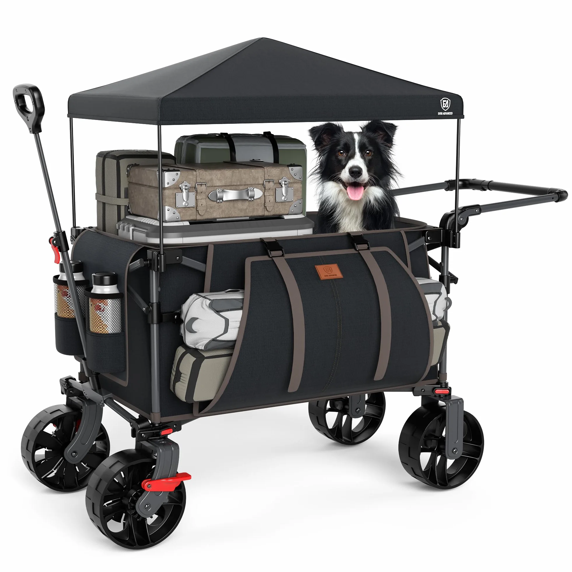 EVER ADVANCED Carrito de Festival de 228 L con Ruedas con toldo extraíble, Carrito de Camping Resistente de 150 kg, Carrito de Playa de Empuje y tracción con 3 Bolsillos Grandes, Negro