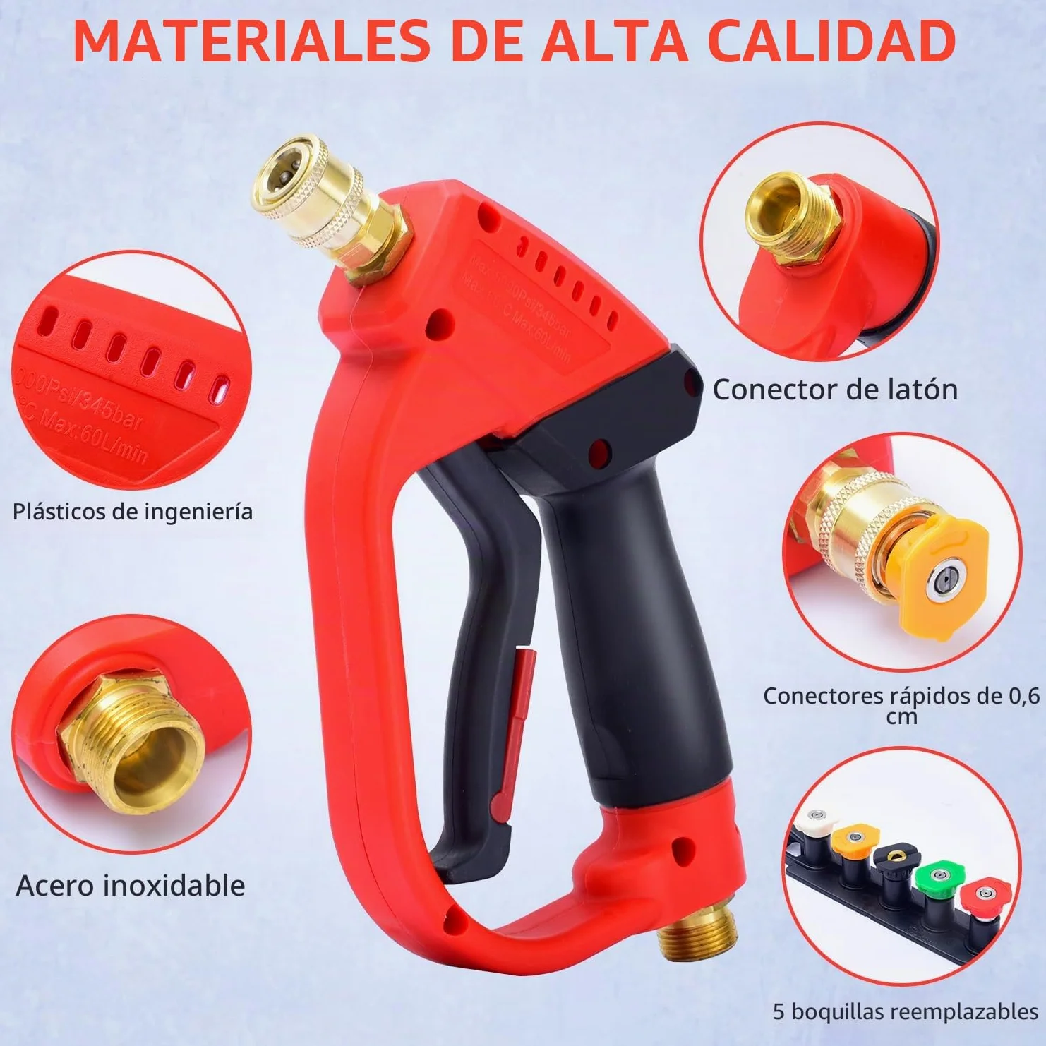 Pistola de Agua De Alta Presión con 5 Boquillas de Pulverización,Conexión Rápido Y Adaptador de 1/4 ",M22-14 Mm Kit de Limpieza de Pistola Rociadora para Lavado de Coches, Riego de Jardines