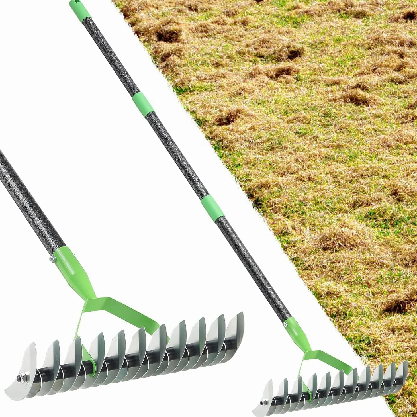 Rastrillo de paja para césped de 175 cm para limpieza de jardín, 21 dientes de ancho de 33 cm, rastrillos de metal de acero, herramientas de jardín para el cuidado del césped, aflojamiento del suelo
