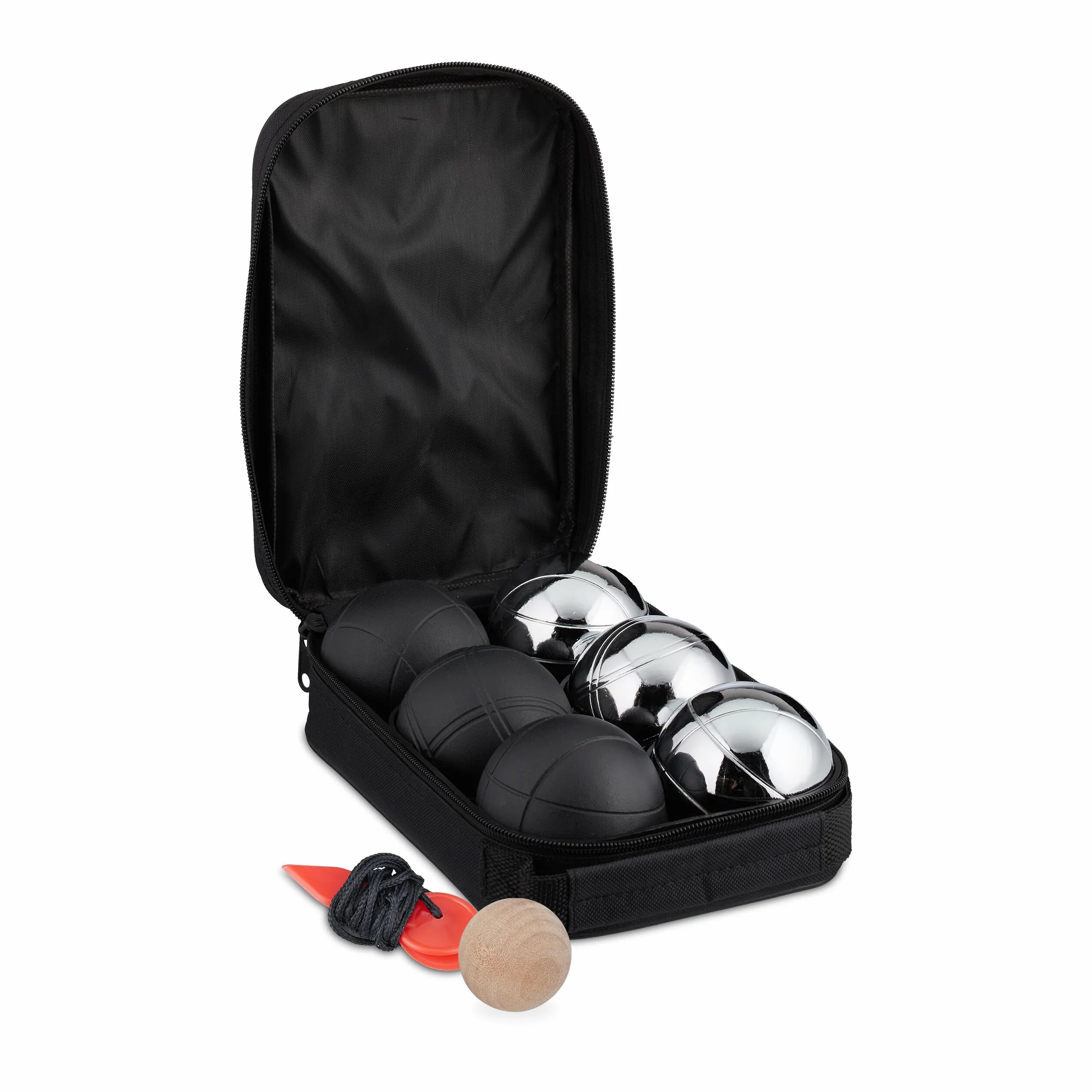 Relaxdays Juego de Petanca 6 Bolas de Acero con Boliche y Cuerda Medidora, Bolsa de Transporte Negro y Plateado