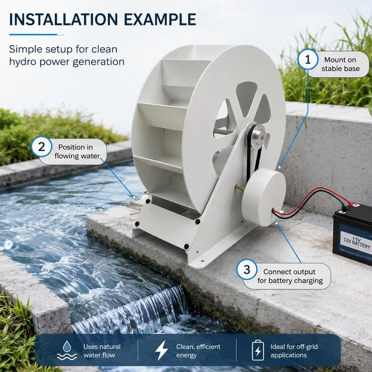 Generador de turbina de agua portátil de 100 W – Kit hidroeléctrico de flujo para corrientes/ríos fuera de la red – Microgenerador hidráulico de acero duradero con funcionamiento silencioso