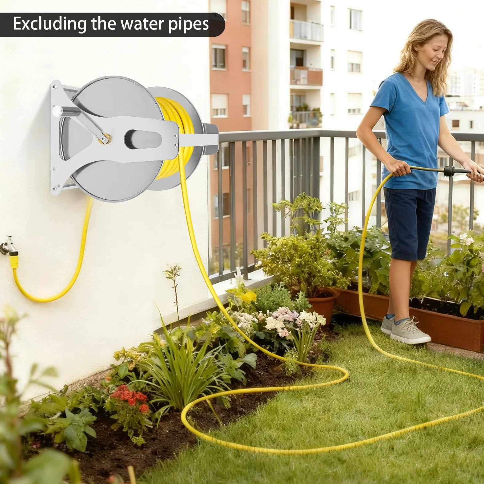 Carrete de manguera de acero, enrollador de manguera compacto, soporte de manguera con montaje en pared, enrollador automático para manguera de jardín de 30 m de 1/2"