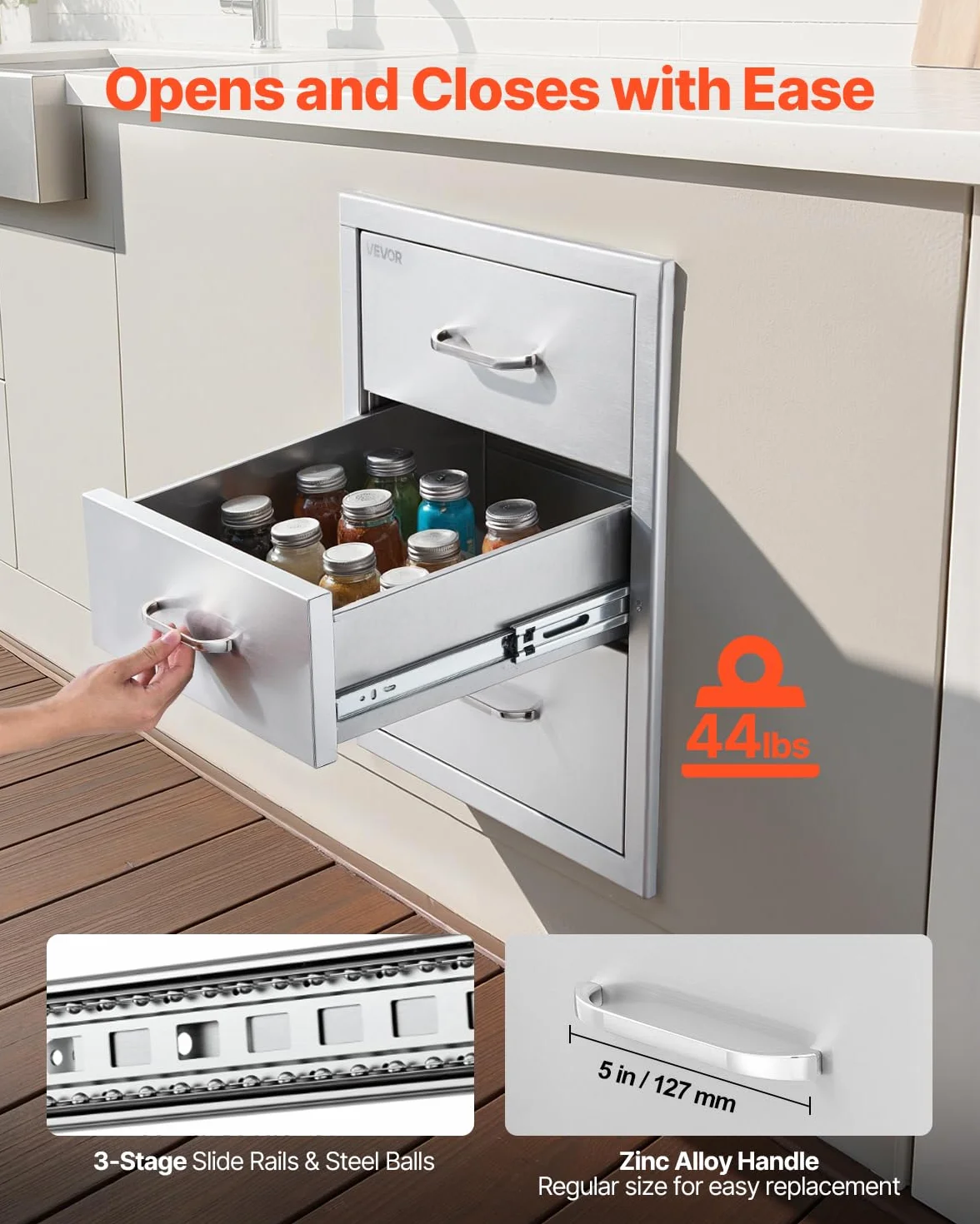 VEVOR Cajones de Cocina para Exterior 46 x 59 x 59 cm, 3 Cajones para Barbacoa de Triple Acceso con Asa de Aleación de Zinc, Cajonera para Cocinas al Aire Libre, Estación de Parrilla para Patio