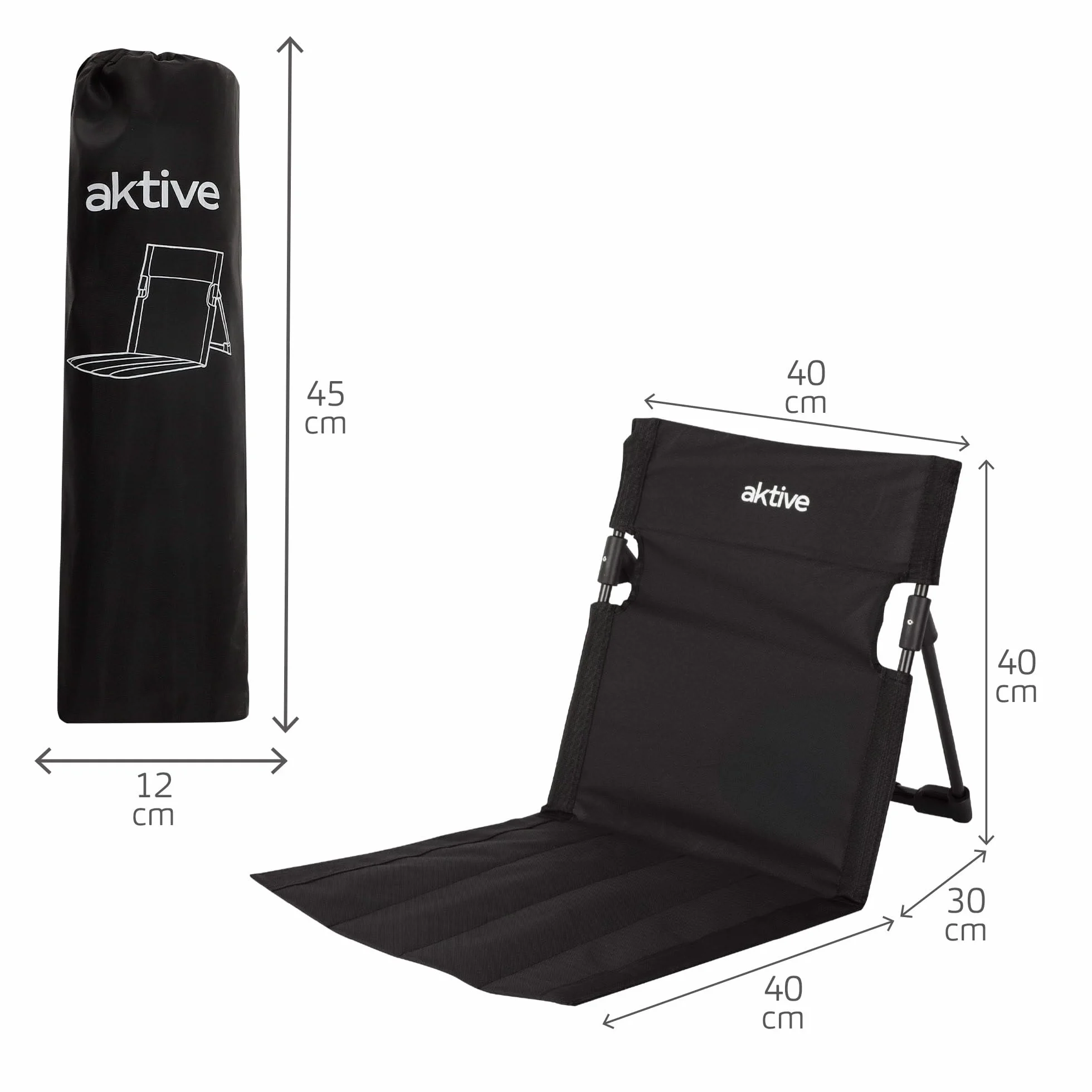 AKTIVE Silla Plegable de Suelo Negra con Respaldo Ajustable y Funda de Transporte, Estructura de Acero y Tejido Oxford, Ligera y compacta, para Camping, Playa y Exteriores (62459)