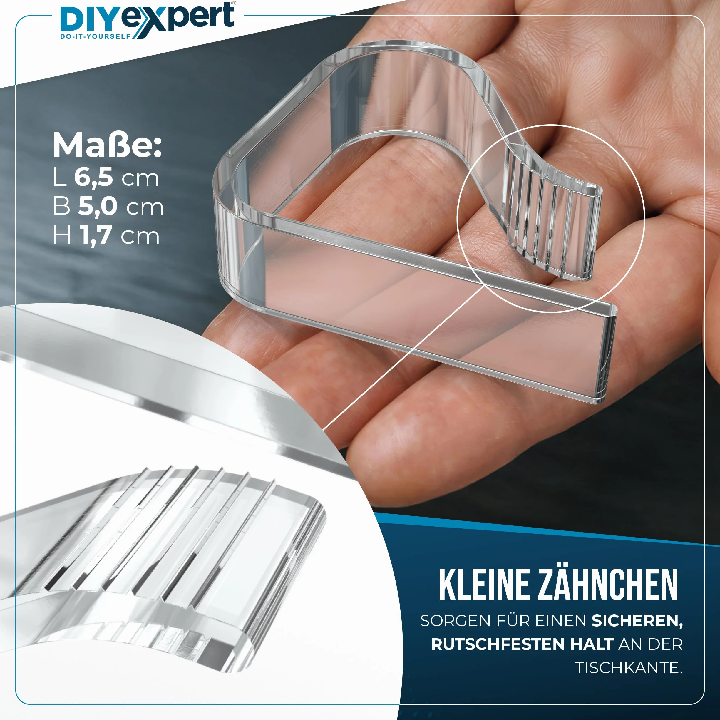 DIYexpert Pinzas para mantel transparentes, fabricadas en Alemania, hasta 45 mm, 8 unidades, resistentes a la intemperie y antideslizantes, para jardín, balcón e interior