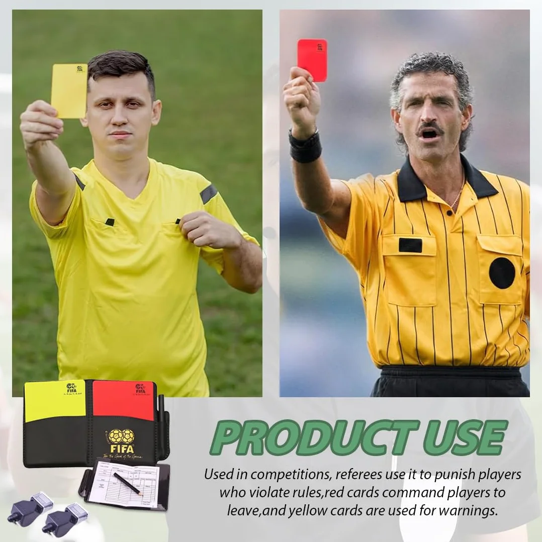 Set de árbitro de fútbol con tarjetas rojas y amarillas, 2 silbatos y cordón