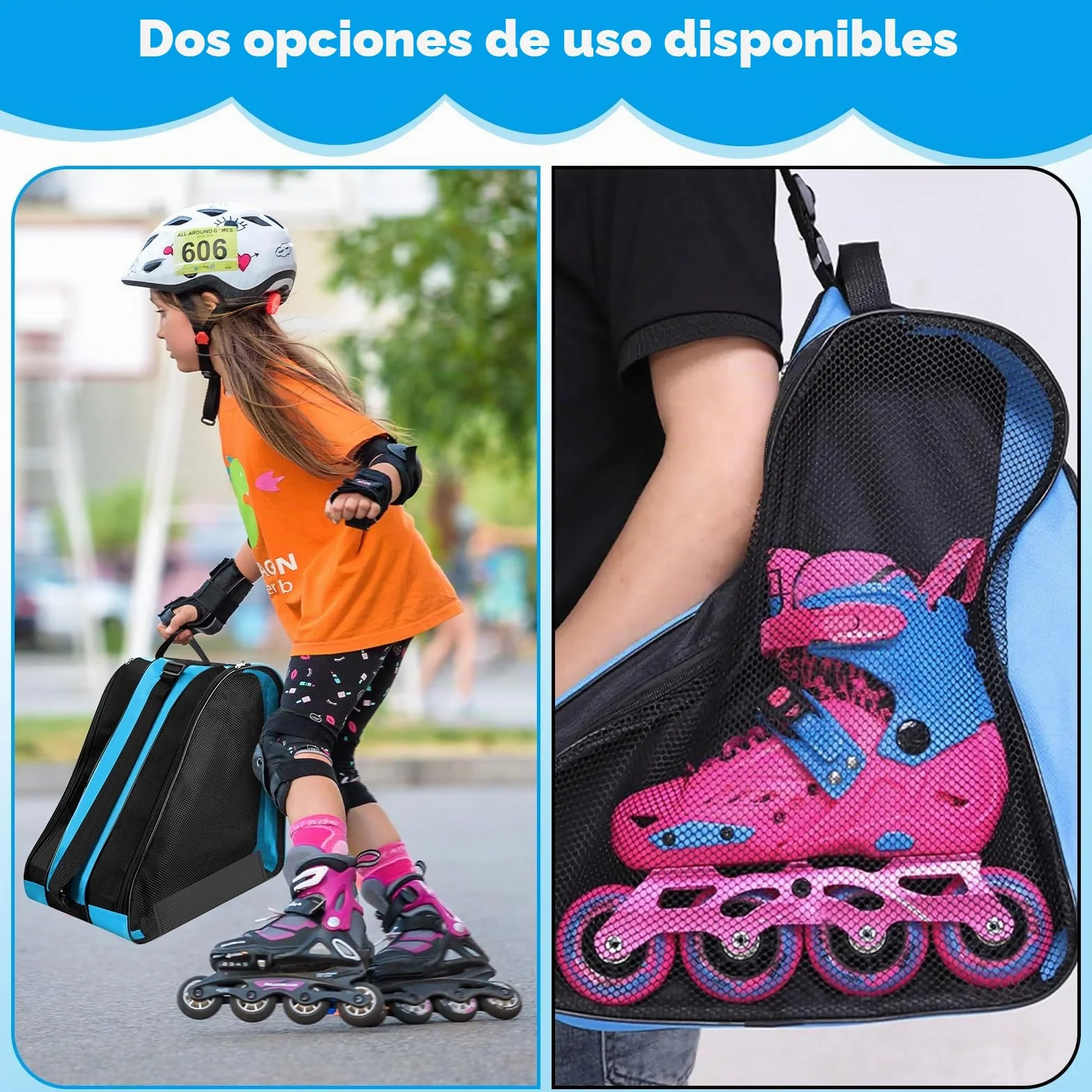 Mochila para Patines en Linea Bolsa Patines Niña Adulto 3 Compartimentos