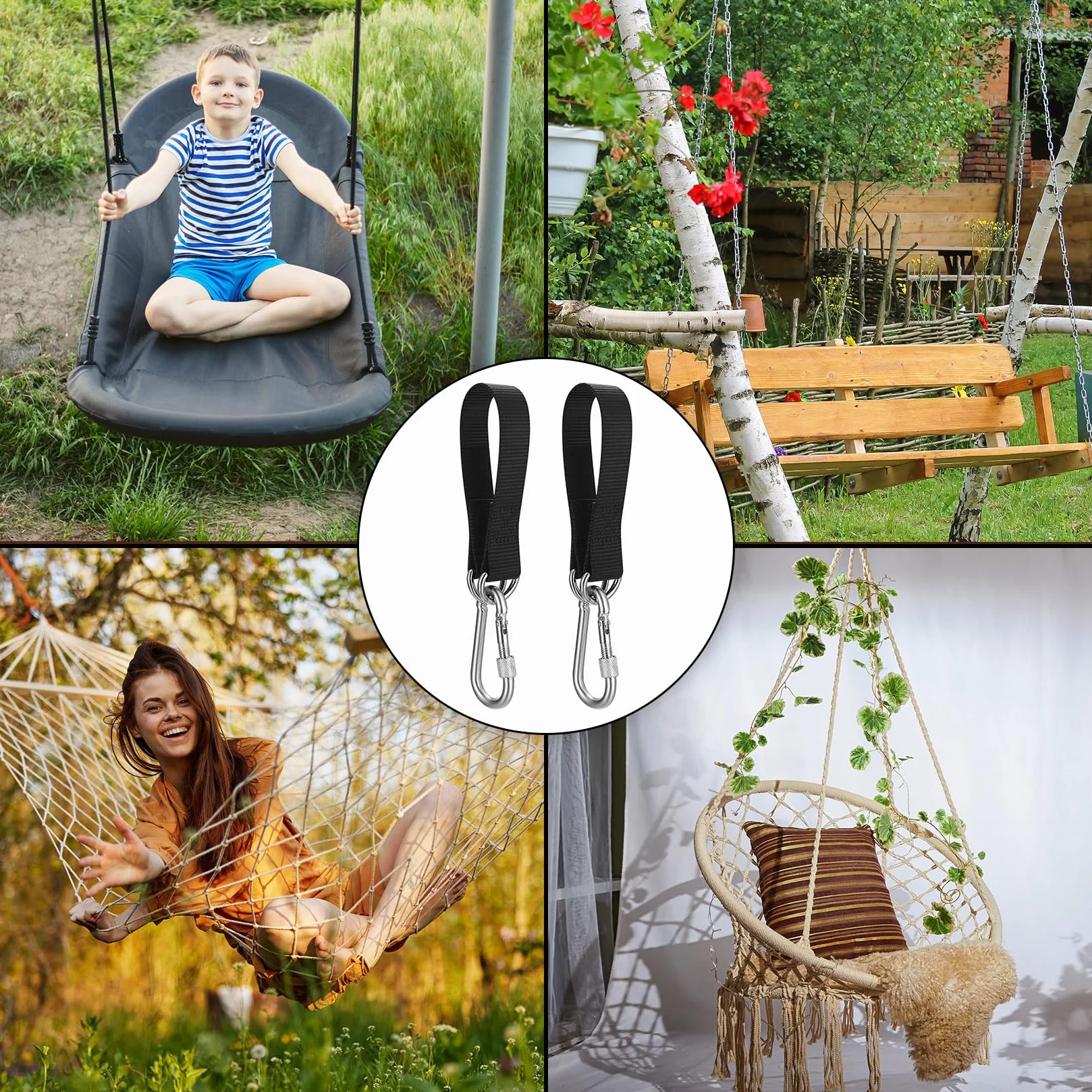 Kit de Fijación para Hamaca de 2 Piezas,Correas de Árbol para Columpio, Conjunto de Fijación de Silla Colgante con Mosquetones y Anillos en D, Correas para Hamaca para Columpios de Interior y Exterior