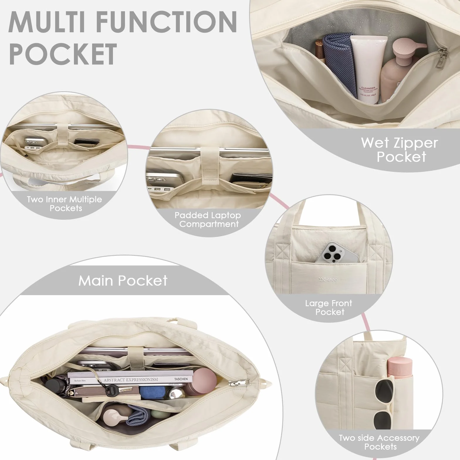 G4Free Bolsa de mano para mujer con compartimentos con cremallera, bolsas de trabajo acolchadas, expandibles para viajes