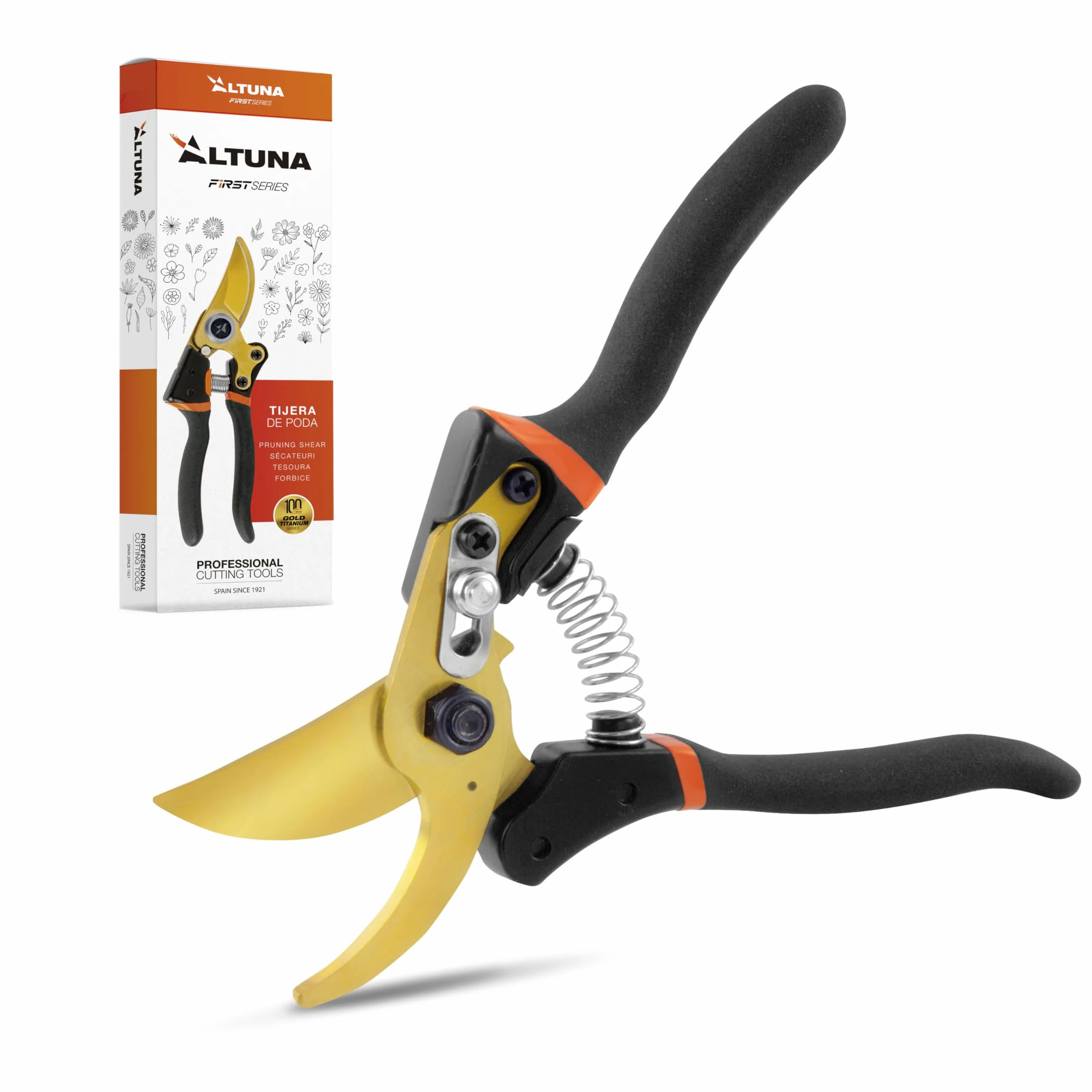 Altuna TR15 - Tijeras de Podar de Titanio - Tijera de Jardín Profesional con Hoja SK5 - Corte Bypass Preciso - Mango Metálico Antideslizante - Diseño Ergonómico - Ideal para Regalo - Caja Incluida