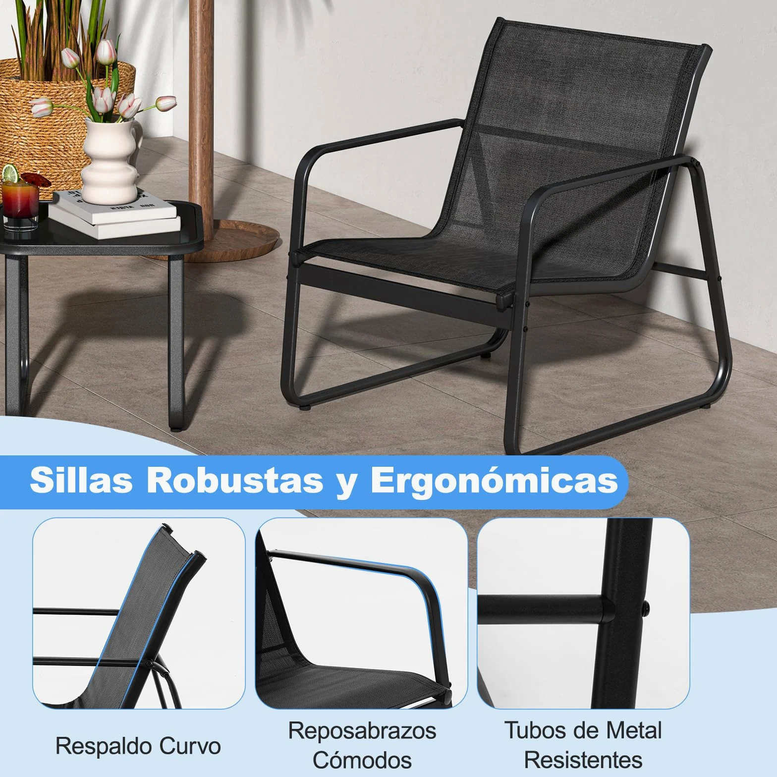COSTWAY Conjunto Mesa y Sillas Jardin 3 Piezas, Conjunto Jardin Exterior Mesa y Sillas, 2 Siilas de Tela Transpirable y 1 Mesa Encimera de Vidrio Templado,Terraza Balcón (Negro)