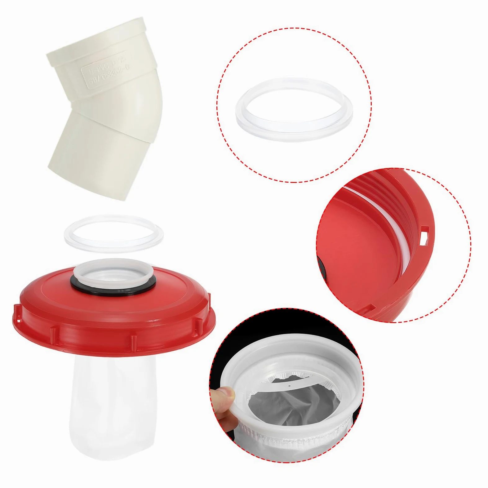 PATIKIL 45° IBC Tapa Filtro Cubierta 245mm Plástico Ton Barril Cubierta con Lavable Nylon Filtro IBC Manijas Manguera Adaptador para Lluvia Tanque 1000L IBC Tanque Rojo Blanco