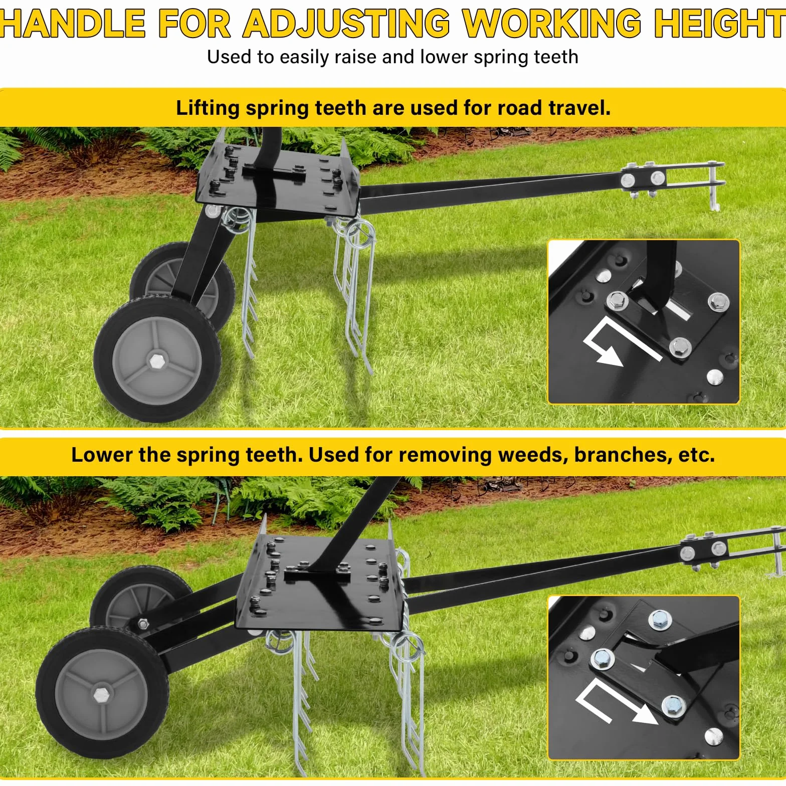 Escarificador de Césped para Tractores Cortacésped, con Muelles de Acero, Ruedas Resistentes 7.5 cm, 101.5 x 80 x 113.5cm, Aireador y Eliminador de Musgo