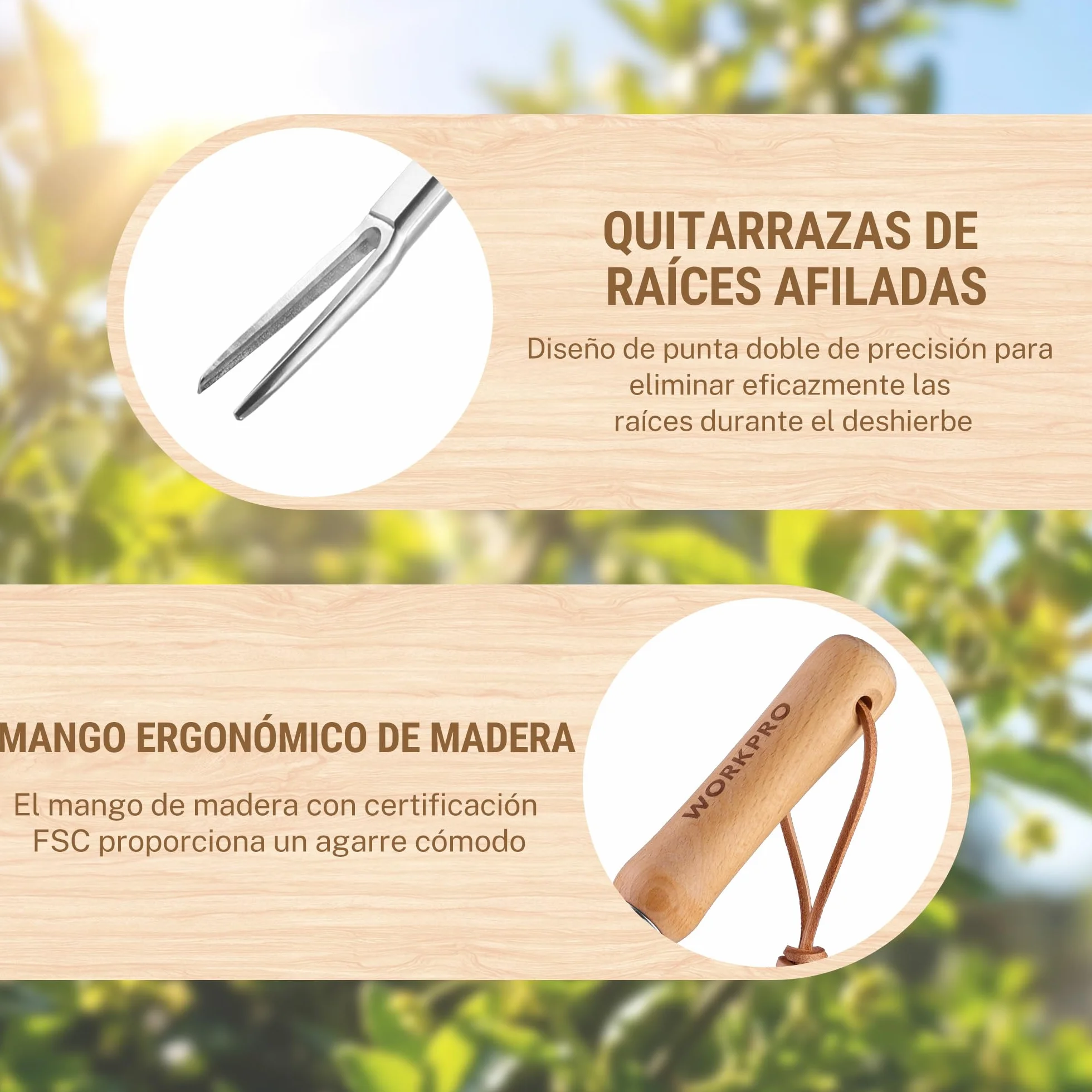 WORKPRO Desherbador Manual de Acero Inoxidable, Extractor de Malas Hierbas con Mango de Madera Ergonómico, Herramienta Quitahierbas para Jardín, para Quitar Dientes de León, Cardos y Otras Malezas