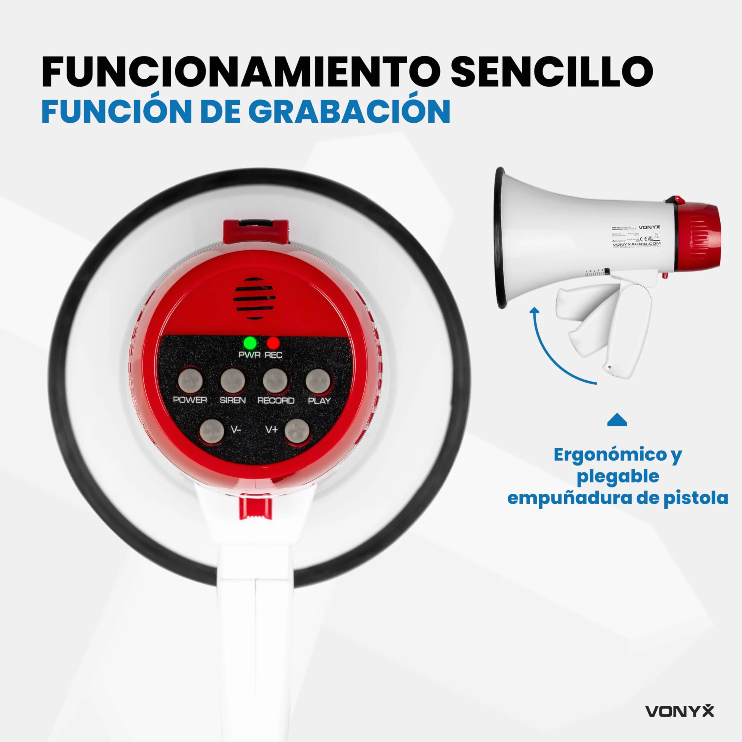 Vonyx MEG018 Megáfono Bluetooth 18W 600m Alcance Sirena Grabación 60s Ligero Eventos Deportes