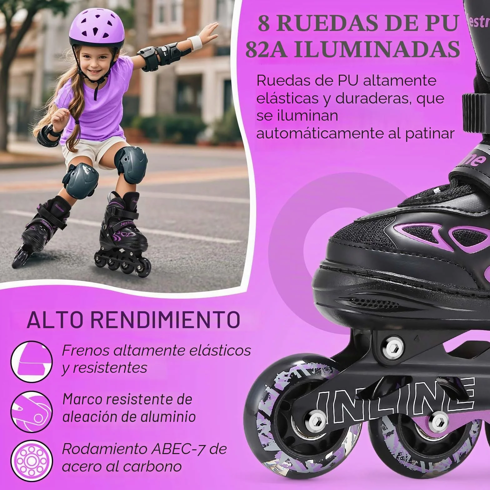 Patines en Linea Ajustables 4 Tamaños con Ruedas Que Brillan para Niños Niña Niño