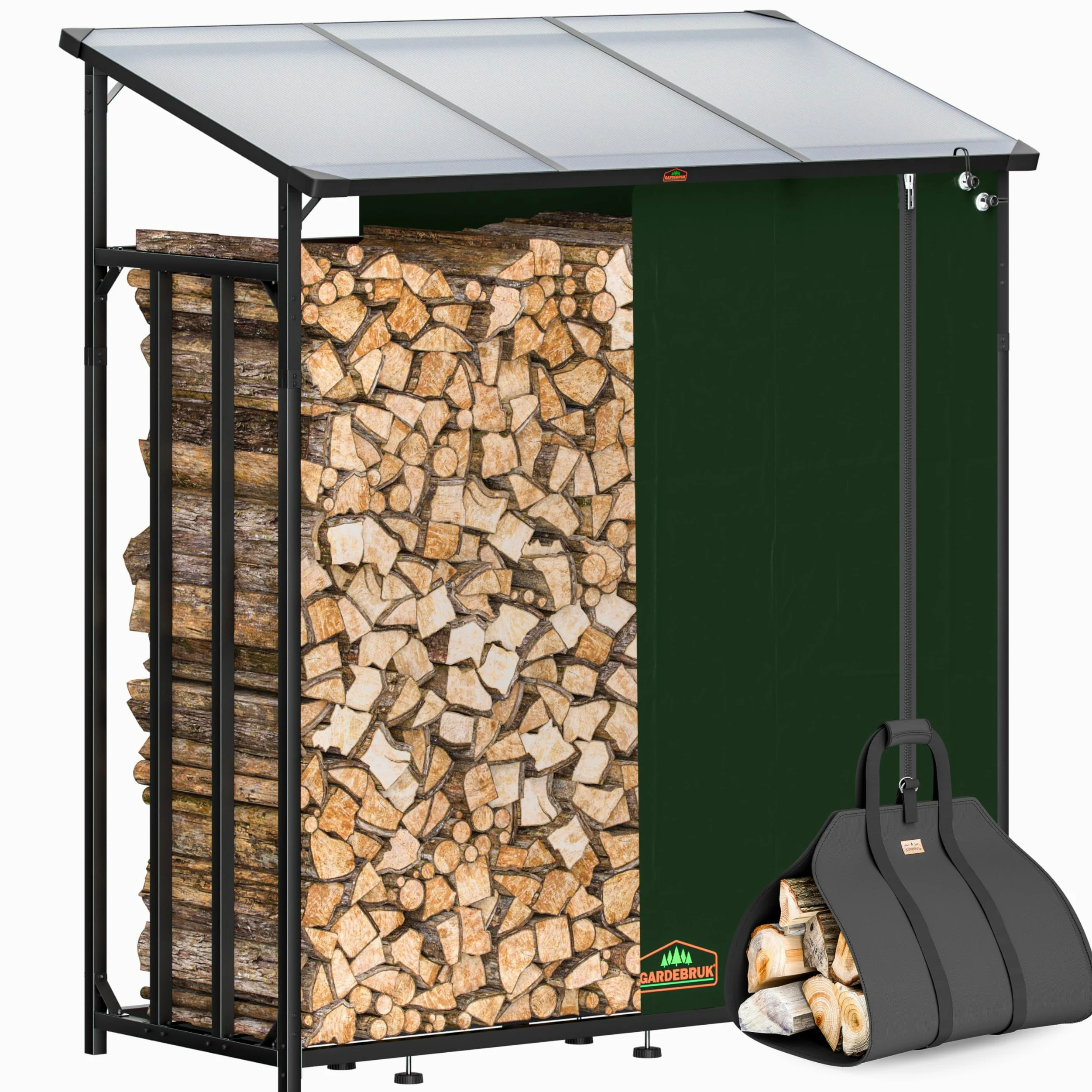 Gardebruk® Estante Almacenamiento Leña Exterior XXL Acero Techo Integrado incl. Bolsa Transporte Leñero Cubierto Impermeable Protección Viento Lluvia Negro