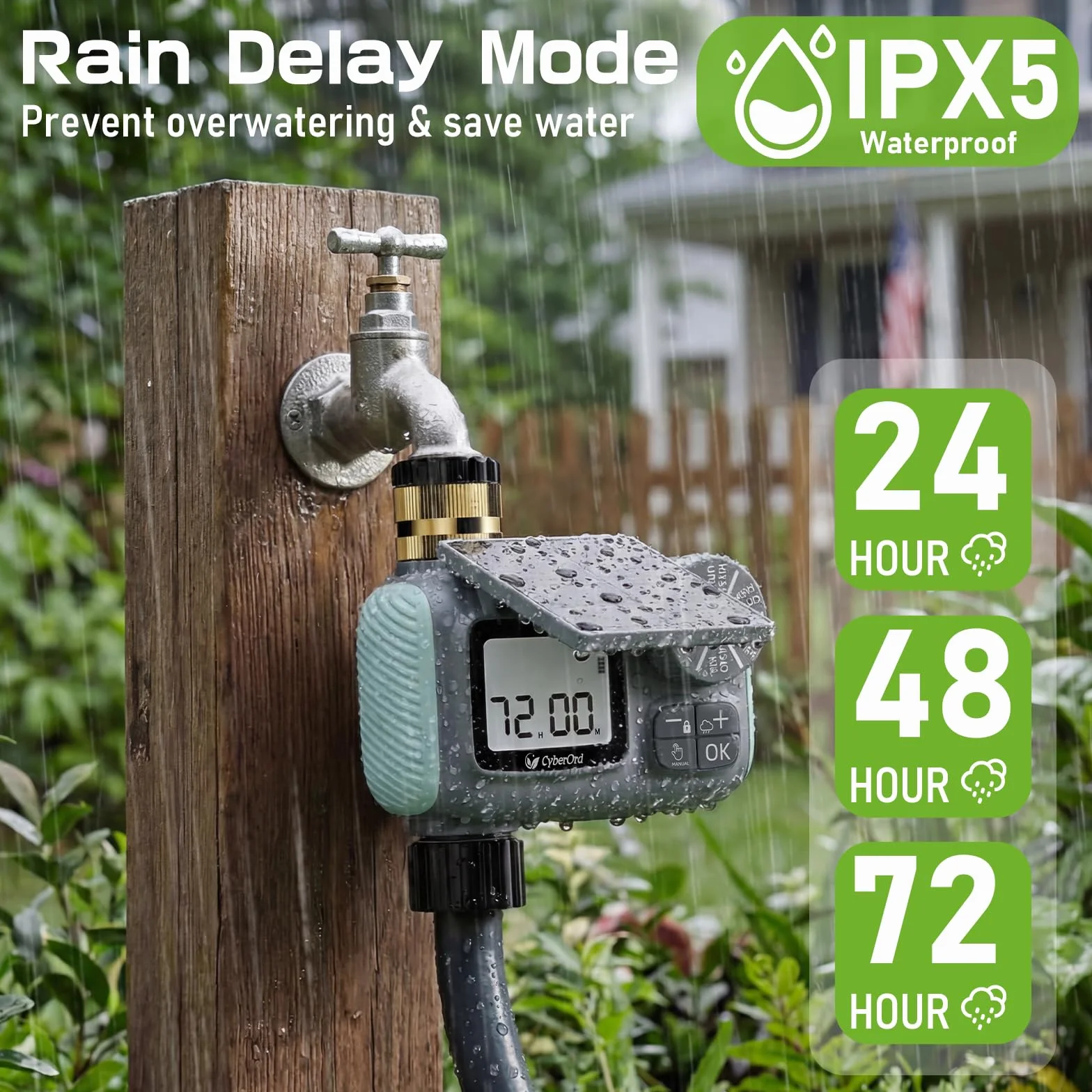 Programador Riego Solar, 3/4” Entrada de Latón Ecológico Temporizador Automático para Jardín Temporizador de Riego con Retraso por Lluvia/Riego Manual Control de Riego para Césped y Macetas