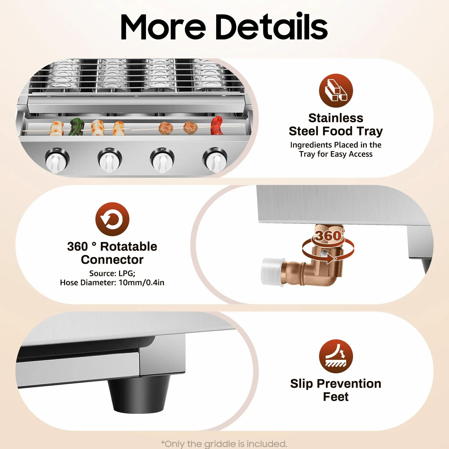 Barbacoa de gas 4 quemadores de acero inoxidable GLP Gas Plancha BBQ Barbacoa de mesa para picnic 58 x 40 x 20 cm