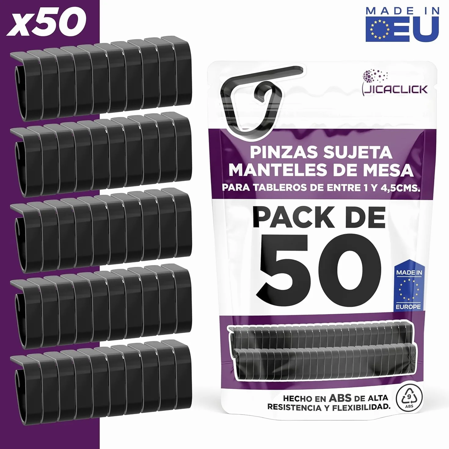 Pinzas Sujeta Manteles de Mesa Pack 50 Clip Grande de Sujecion para Restaurantes Sujetamantel Universal de Plastico Resistente para Hosteleria Ideal Superficie Gruesa Uso Exterior o Interior (Negro)