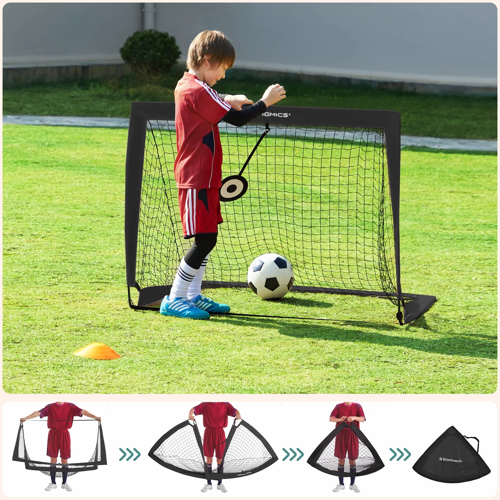 SONGMICS Portería de Fútbol Infantil Portátil y Plegable, Juego de 2, Fibra de Cristal
