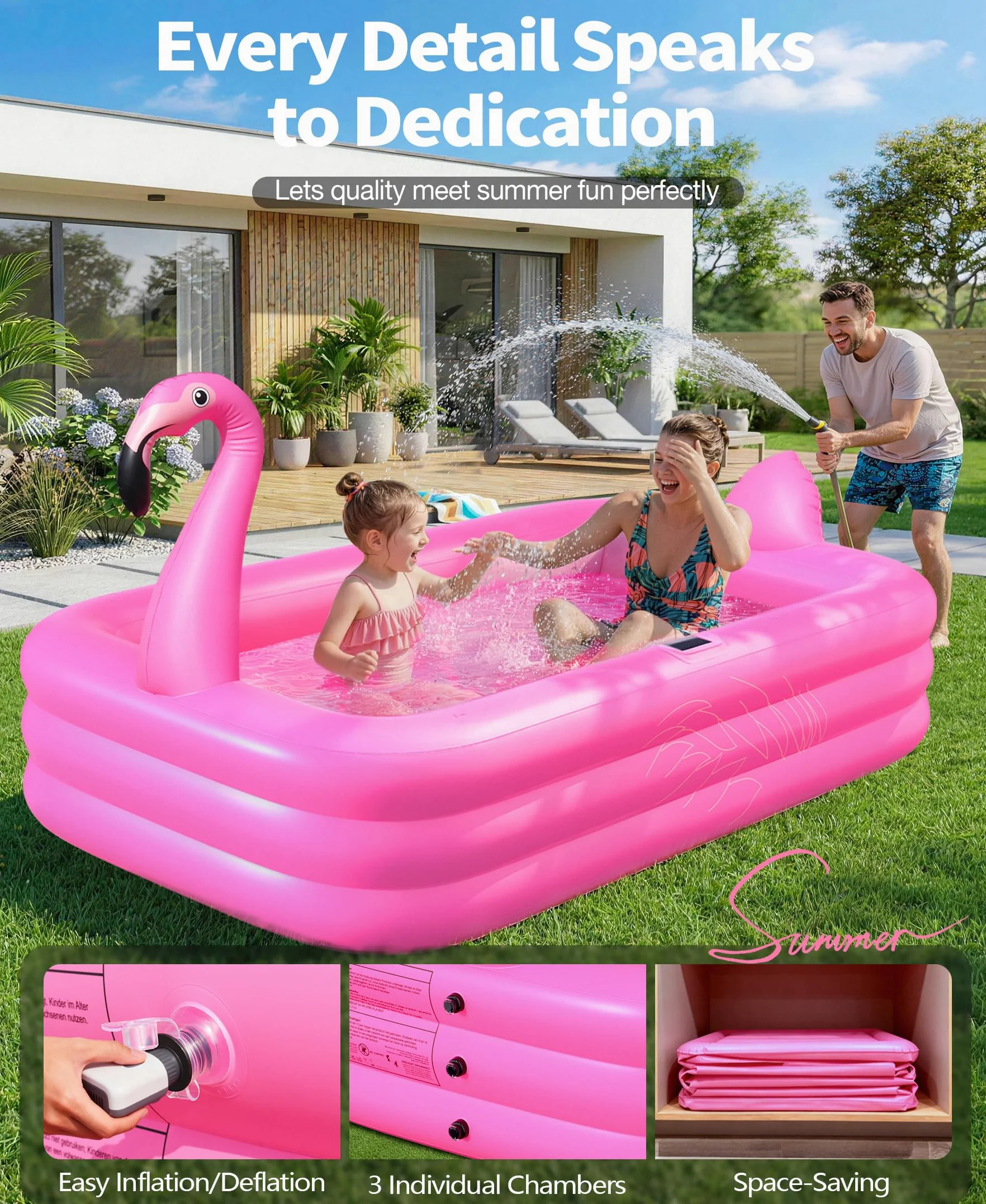 PoolLeader Flamenco Piscina Hinchable Rectangular 254x160x50cm con Luces Solar PVC Grueso