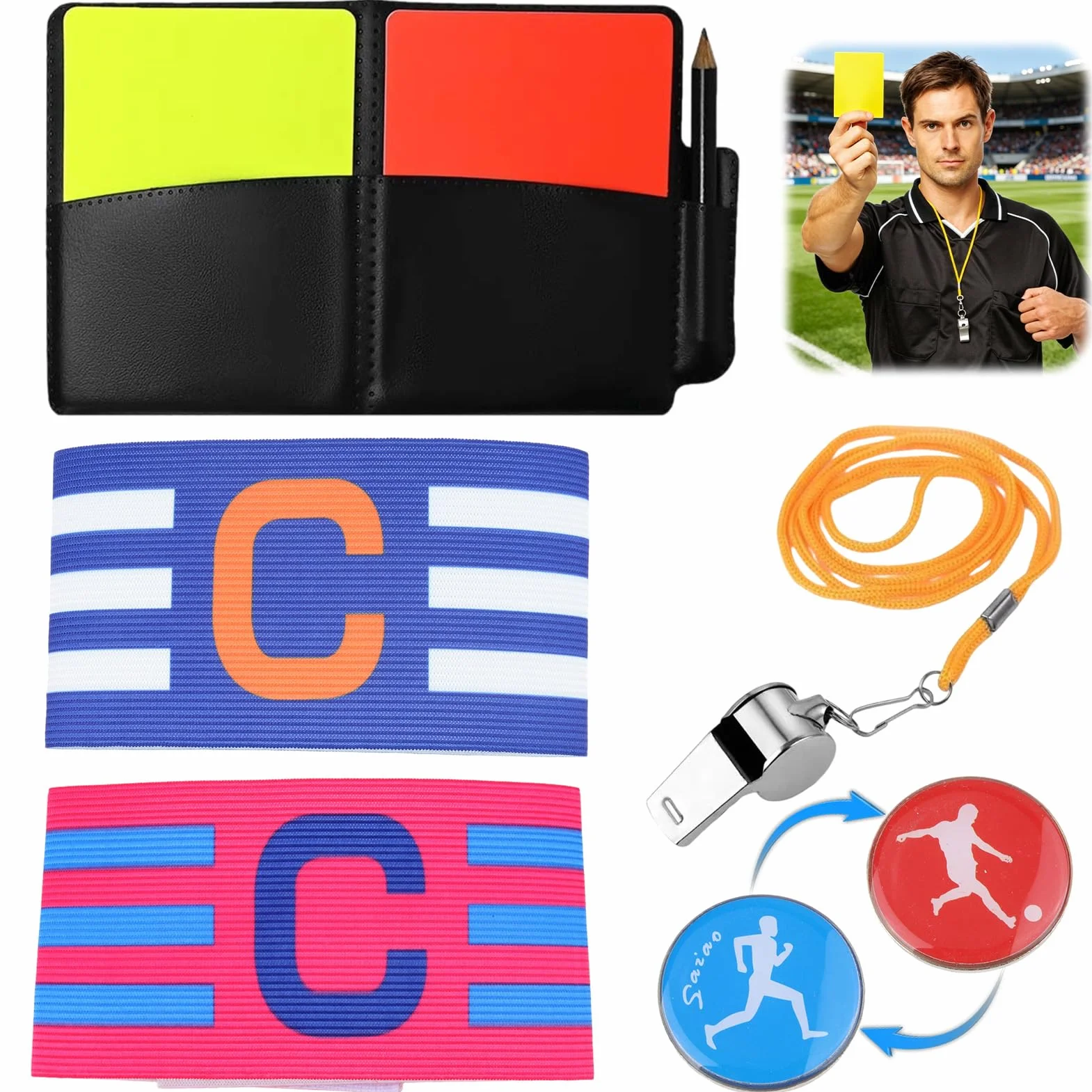Tarjetas Árbitro de Fútbol PVC Rojas y Amarillas con Silbato, Libro de Puntos, Brazaletes de Capitán