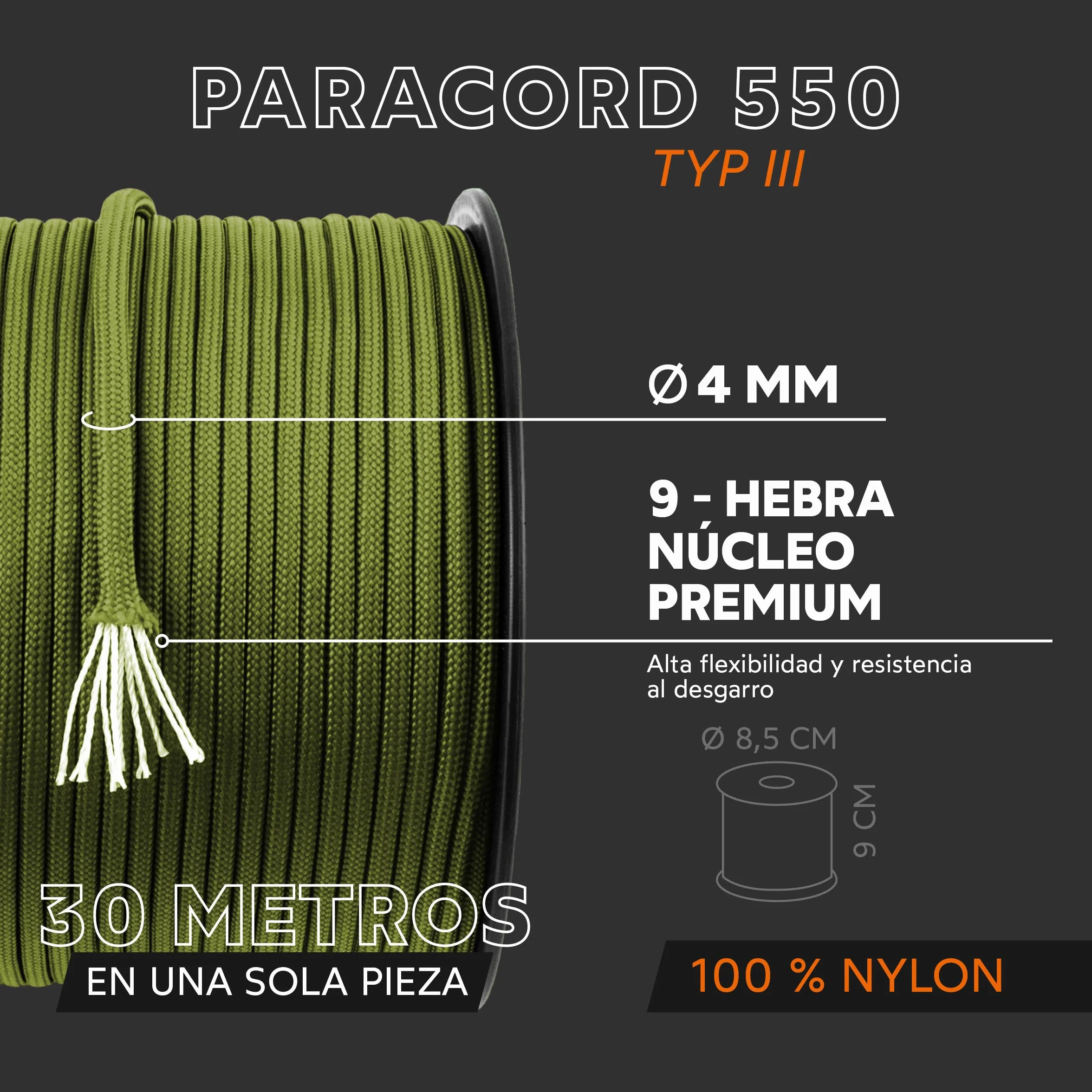 GO!elements Paracord de Nylon a Prueba de Desgarros 4mm 550 Typo III Cuerda 250kg