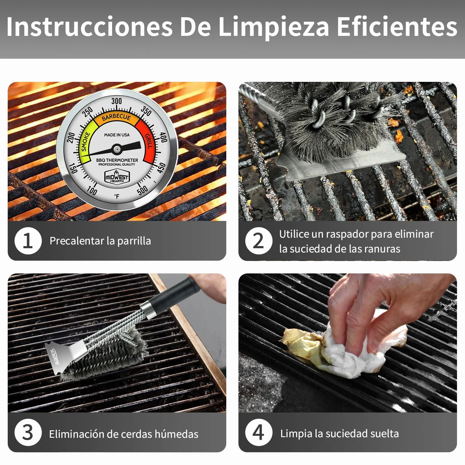 AUXHCYL Cepillo Barbacoa Inoxidable, 3-in-1 Cepillo para Parrilla con Raspador, 45.5cm Largo PP Aislamiento Térmico Mango Cepillo Barbacoa de Limpieza para Parrilla de Gas y Parrilla de Carbón