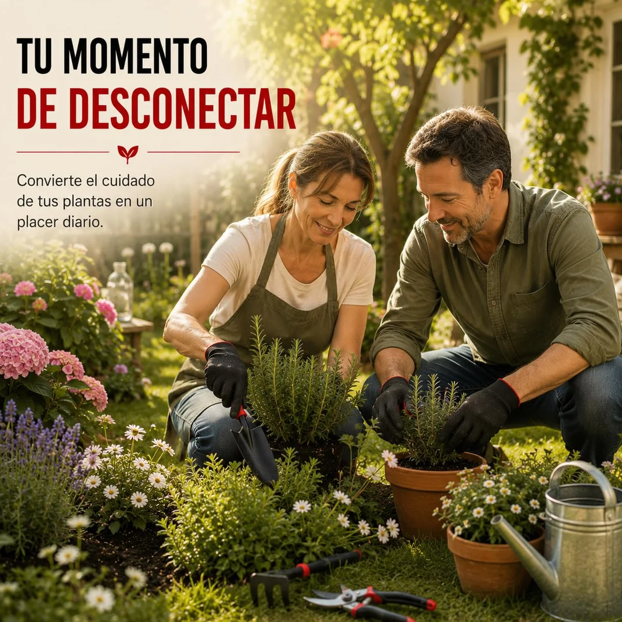 Kit 5 Herramientas de Jardinería de Metal Que Incluye Tijeras de Podar, Pala Trasplantadora, Rastrillo, Azada Doble y Guantes | Kit jardineria para Jardín, Huerto Urbano y Terraza (Rojo/Negro)