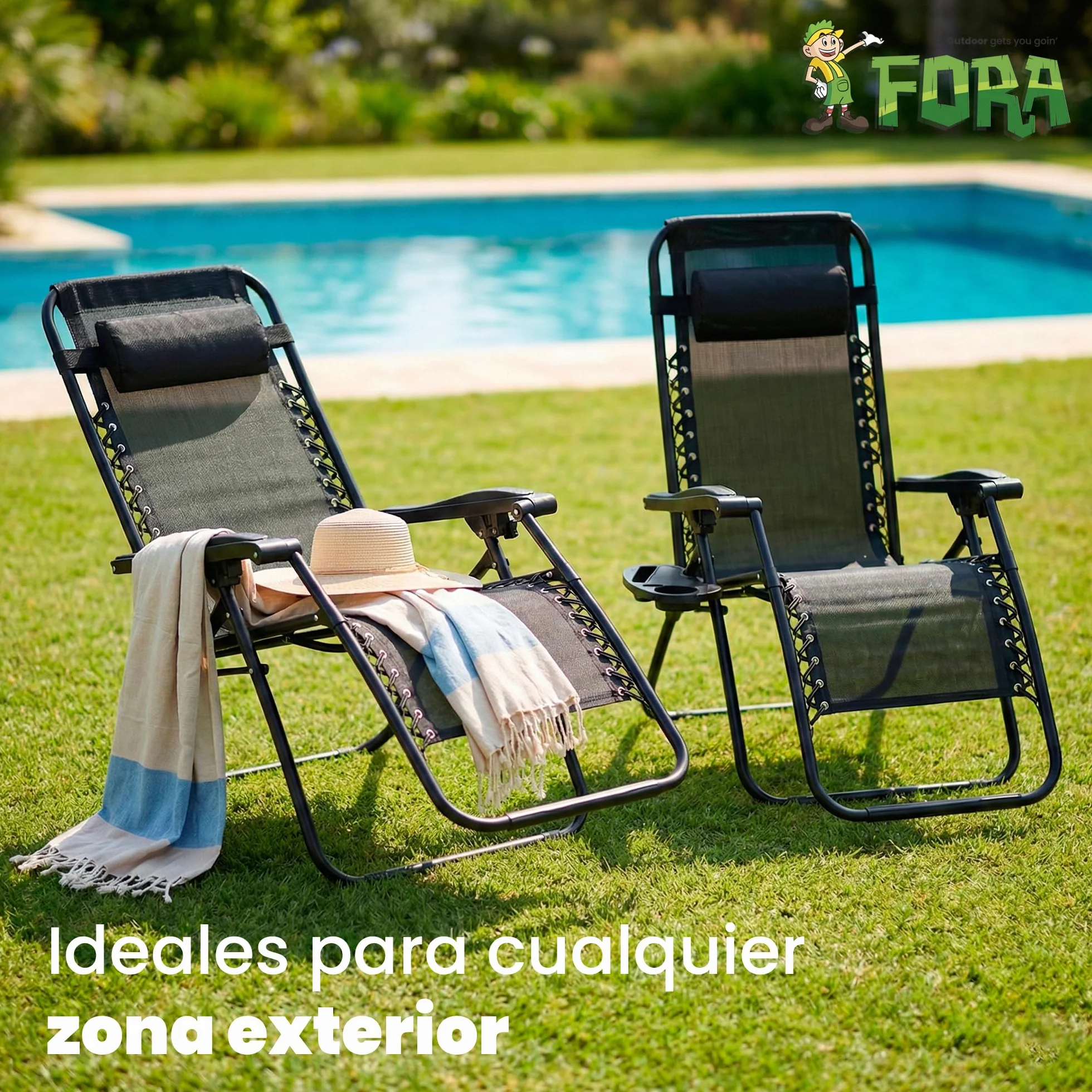 FORA Pack 2 Tumbonas Jardín Exterior Plegables – 176×67×110 Cm, Tubo 25mm y Tejido Transpirable, Color Negro, Reclinables con Bloqueo de Seguridad, Cojín Incluido, Plegado Rápido, 120Kg