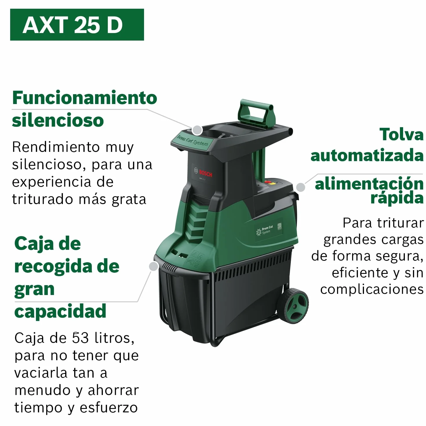 Bosch desmenuzadora silenciosa de jardín AXT 25 D (2500 W; apta para madera y zarzas duras; caja de recogida integrada de 53 L)