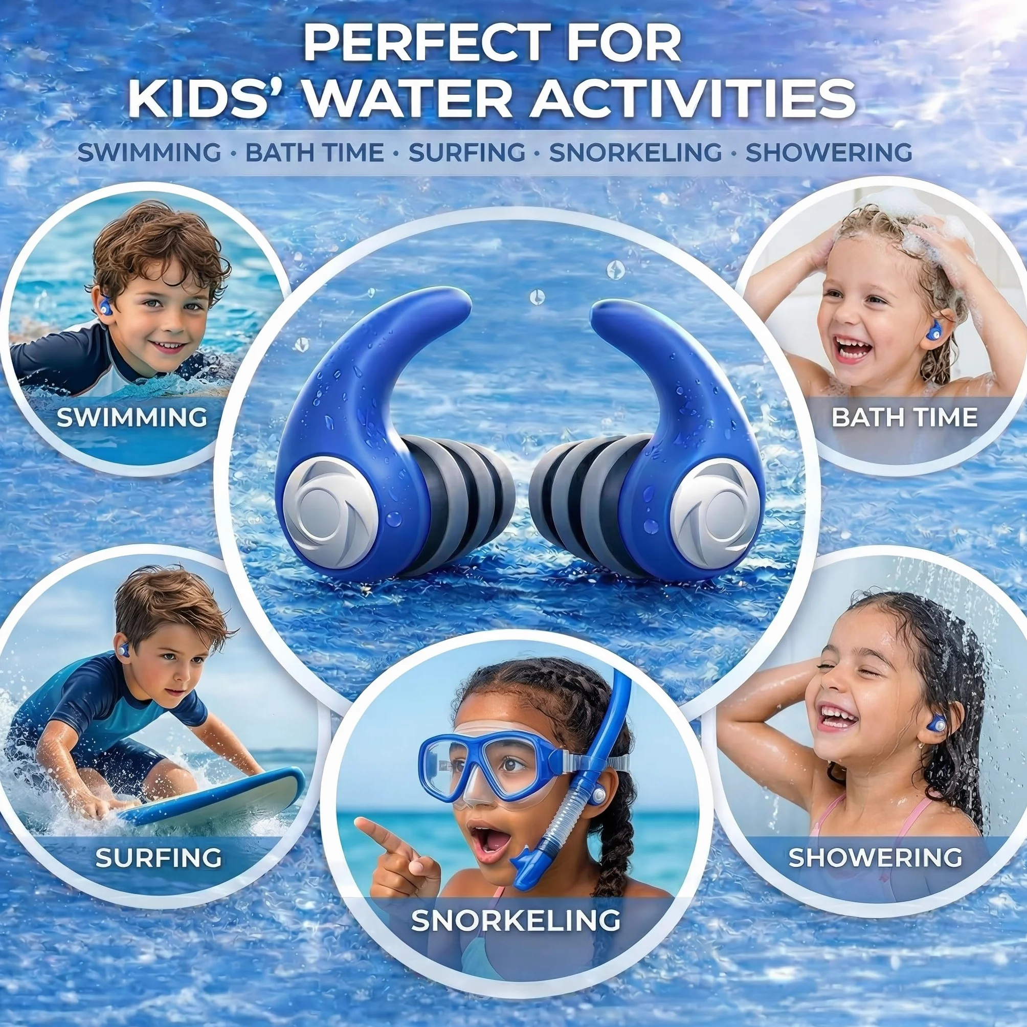 Tapones para los Oídos de Natación para Niños 3 Pares Silicona Impermeable Cordón Amovible Reutilizables