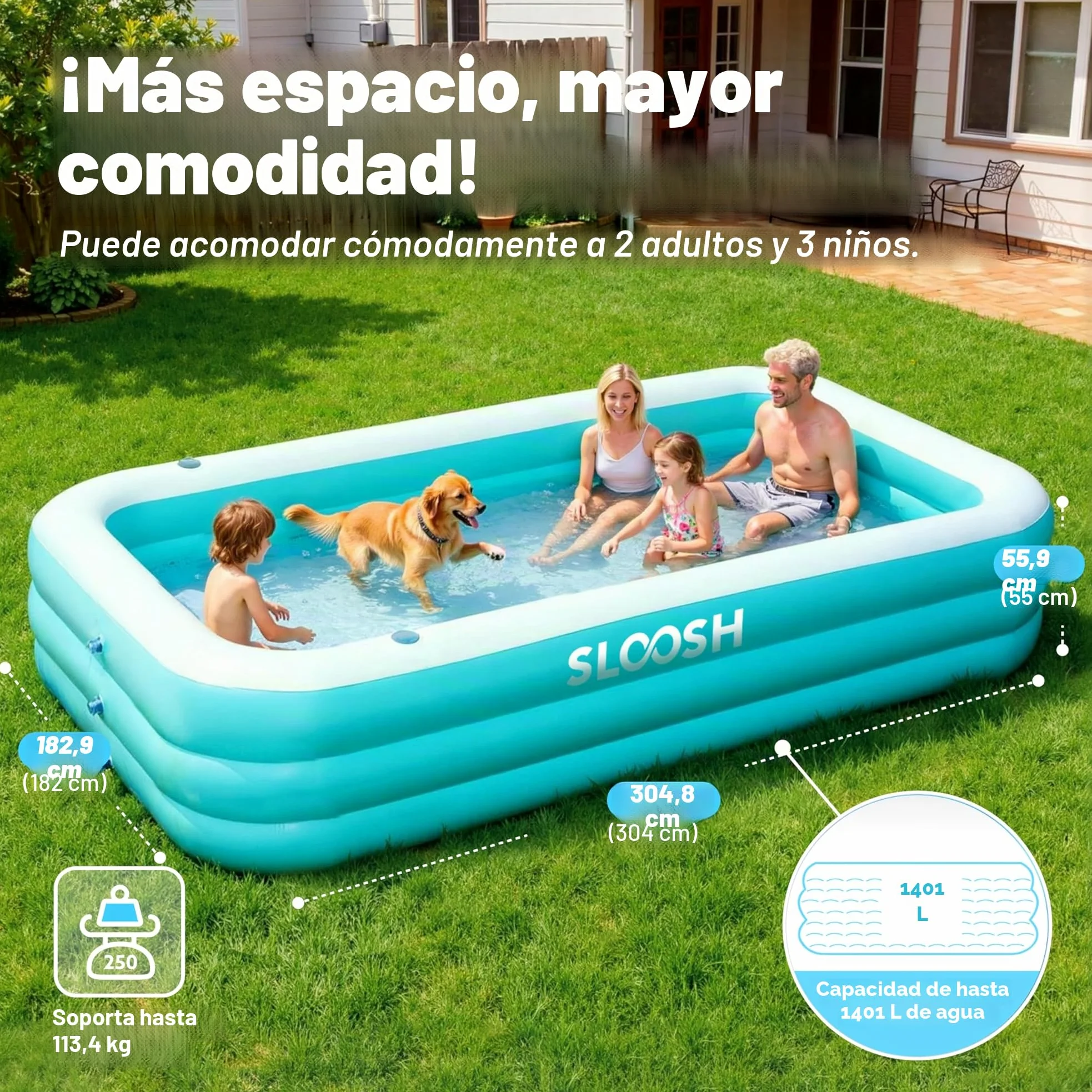 SLOOSH Piscina hinchable para adultos con asientos, 304,8 x 182,9 x 55,9 cm, tamaño natural, inflable, duradera, gruesa, gran piscina para jardín, césped, fiesta acuática de verano, cian