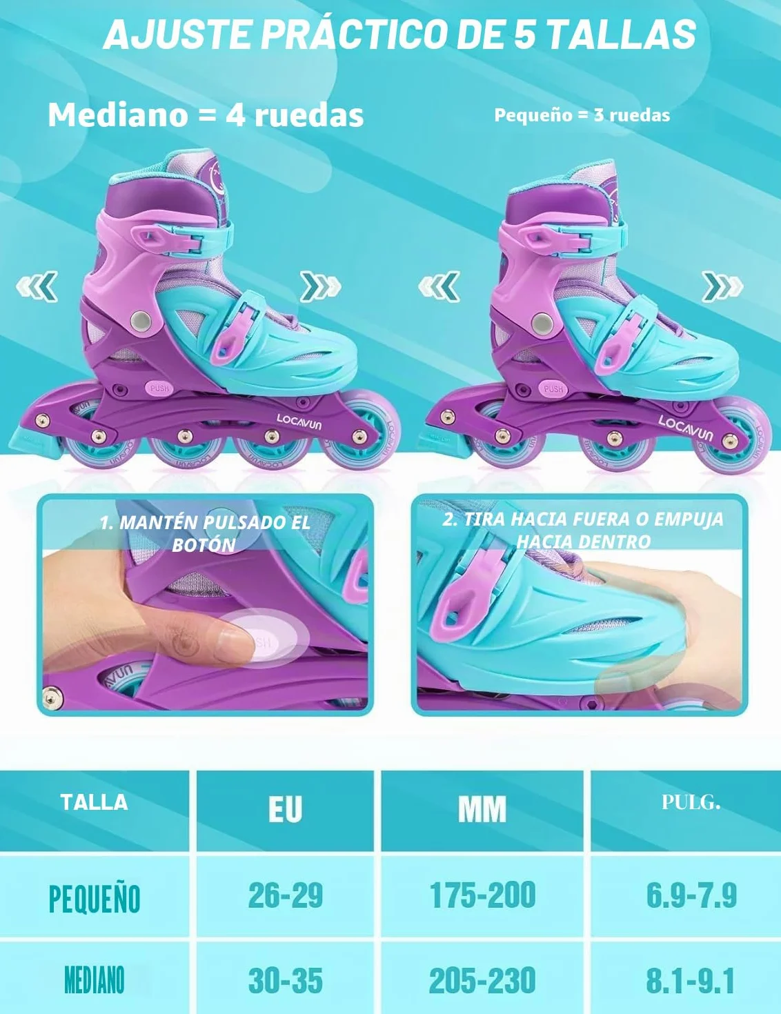 Patines en línea Ajustables 4 Tamaños Ruedas PU 82A para Niños Interior Exterior