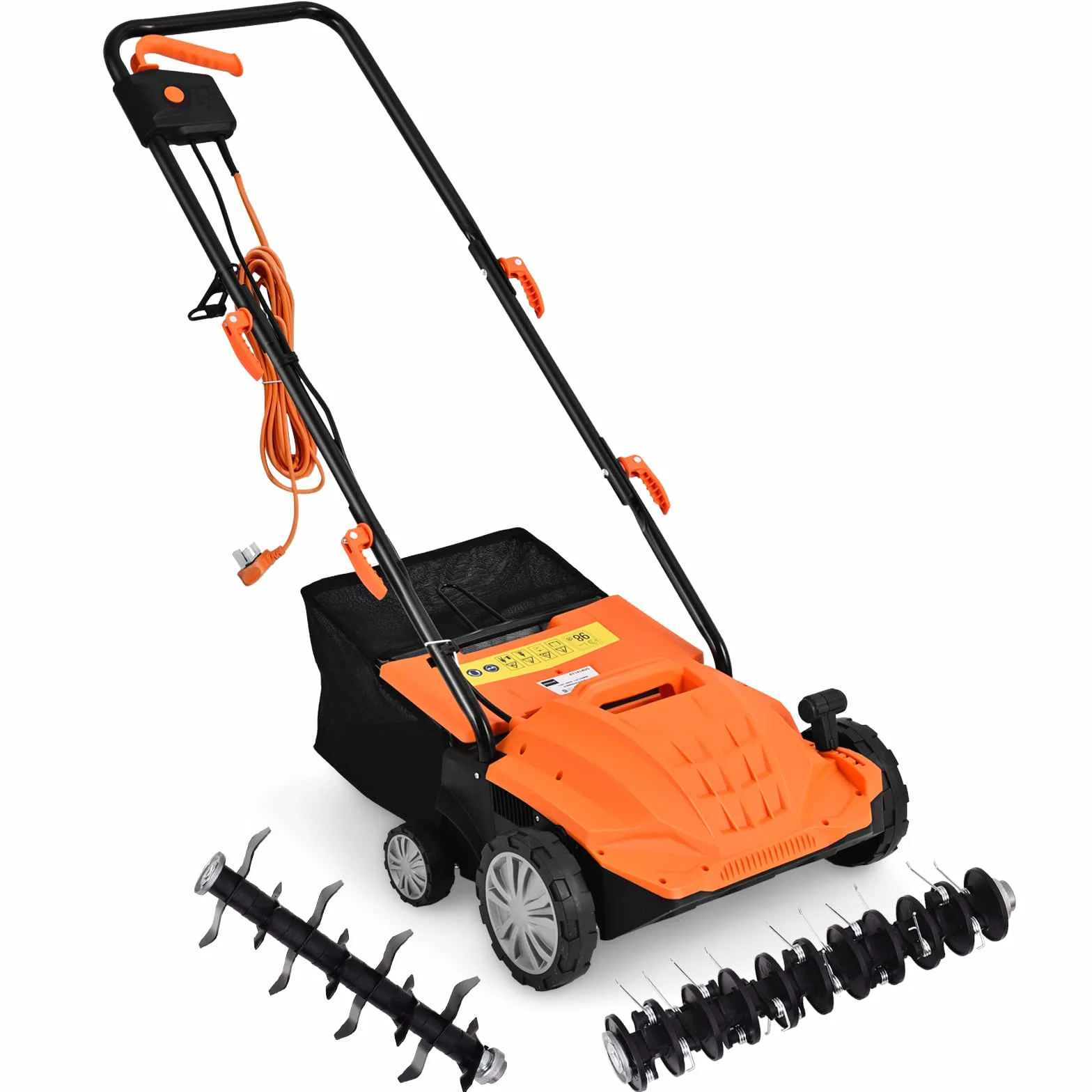 COSTWAY Escarificador Eléctrico 2 en 1, Aireador de Césped con Cable de 12 Amperios, Capacidad de Bolsa 30L, Desmalezador Ajustable de 3 Posiciones y 2 Cuchillas Extraíbles (40L, Naranja)